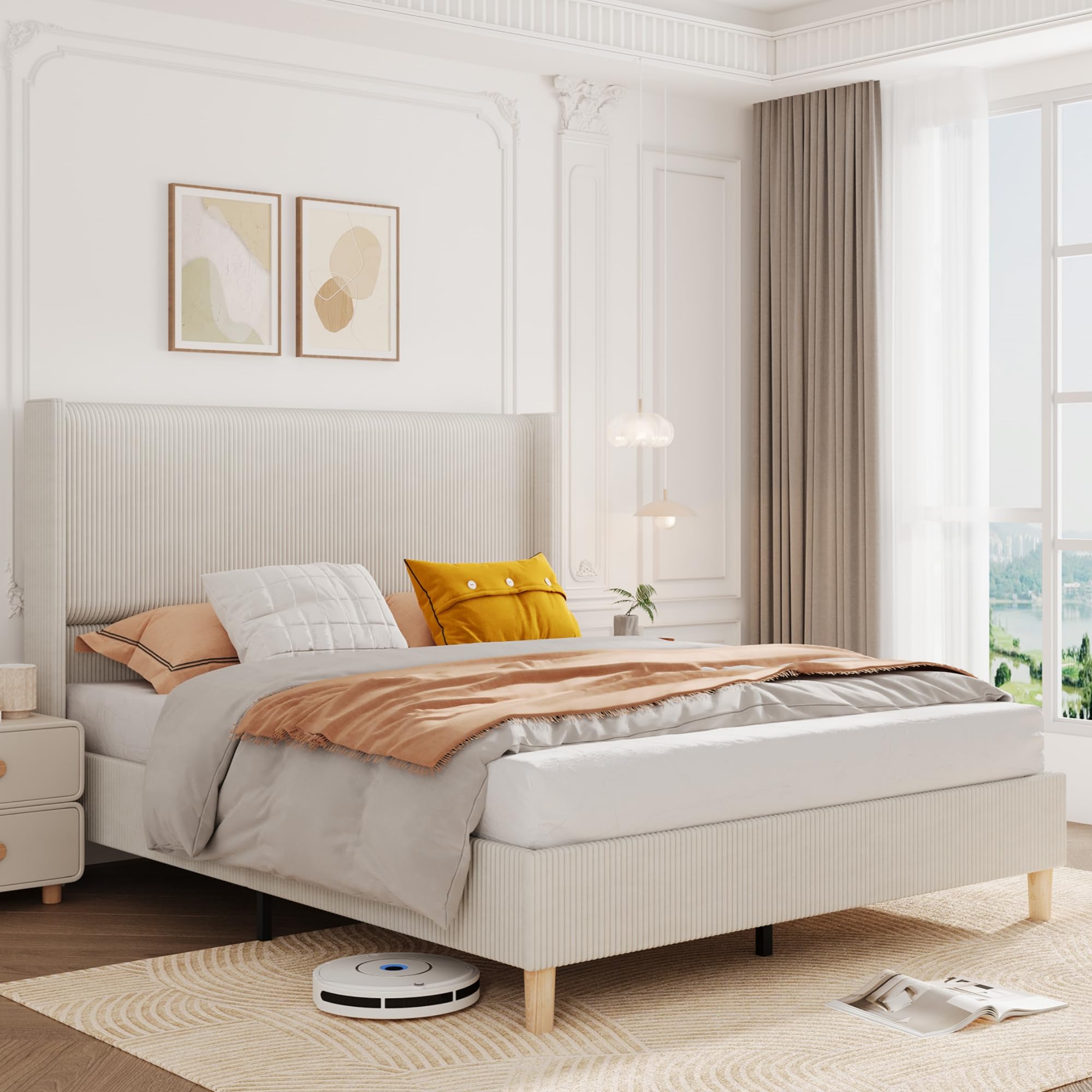 GARVEE IDEALHOUSE Full Size Corduroy Upholstered Bed Frame, 50.4" Full