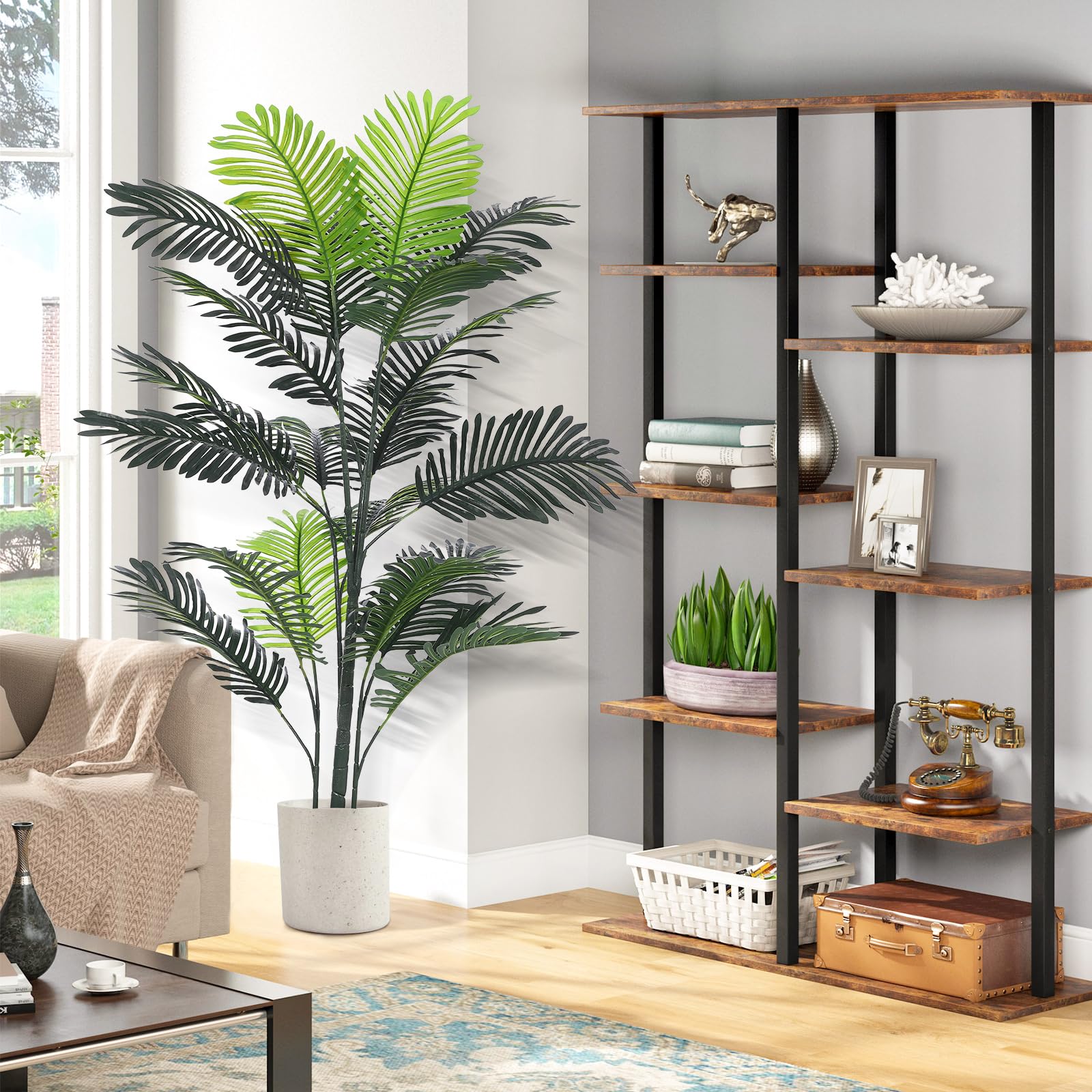 areca palm 6ft Garvee 6FT Artificial Areca Palm Tree Indoor Plant with Real Bark Design, Adjustable Trunk, UV Resistant, Polyester Material, Home Office Decor
