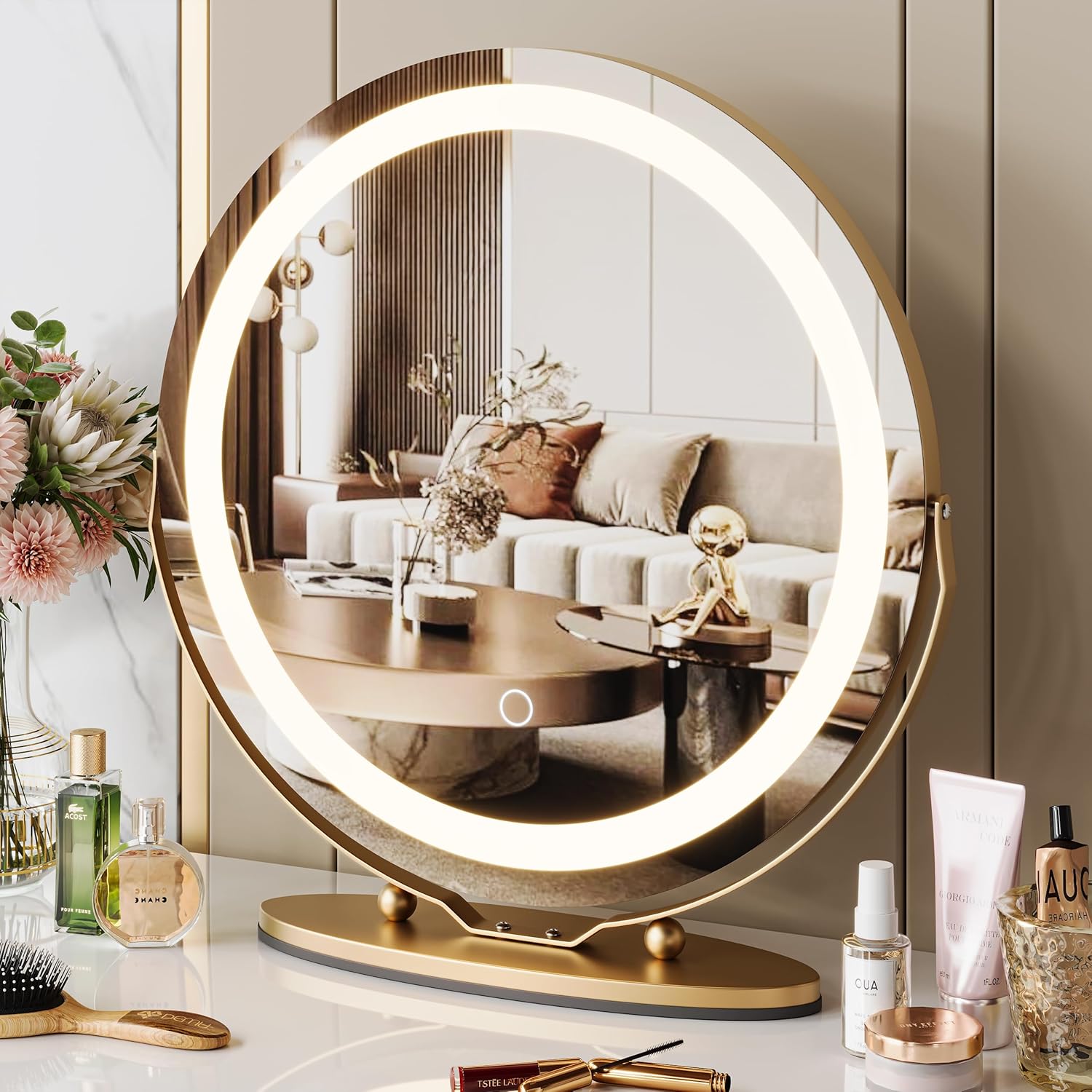 dressing mirror light design GarveeHome 19 Inch Vanity Mirror with Lights, Round Large LED Vanity Mirror with Smart Touch 3 Colors Dimmable, Touch Lighting, 360° Rotation for