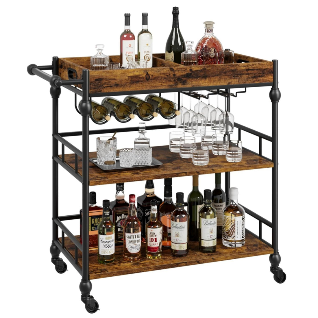 3 Tier Bar Cart with Wheels, Rolling Cart with Wine Rack and Glasses Holder, Bar Cart, for Kitchen, Living Room, Dining Room