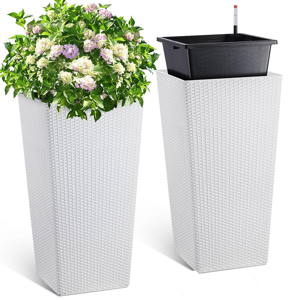 Garvee 30 Inch Tall Planter Set of 2 Large Rattan Flower Pot with 2 Trays &  a Water Level Monitor & Wheels Outdoor and Indoor for Patio, Porch, Living  