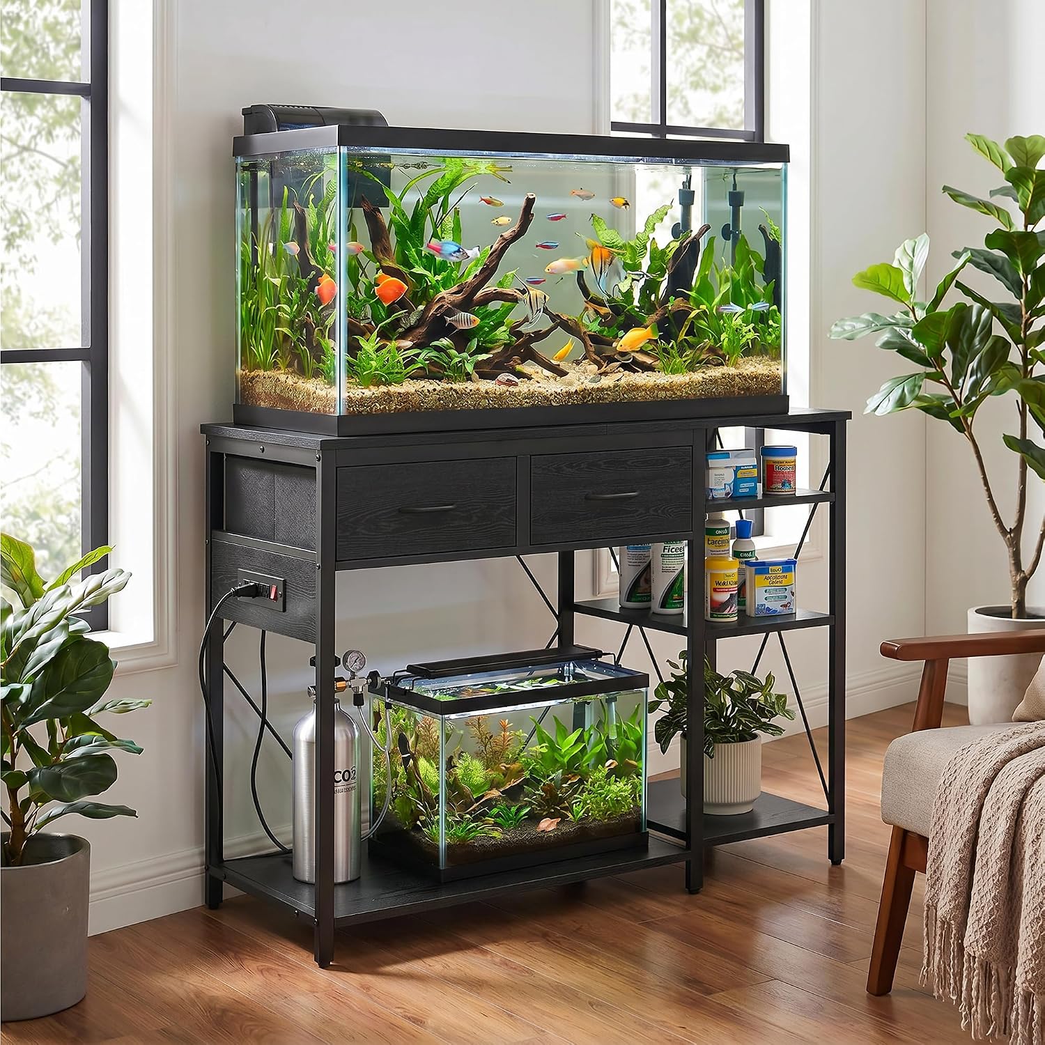 Garvee Fish Tank Stand for 55–75 Gallon Aquariums with Power Outlet - 3-Tier Storage Shelves - Fits Turtle & Reptile Terrariums
