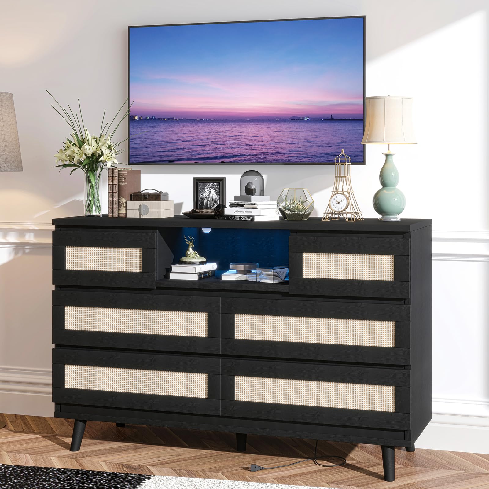 Garvee Natural Rattan Dresser for Bedroom with LED Light and Charging Station, 6 Drawer Double Dressers, Modern Wooden Dresser Chest, Beside Table for
