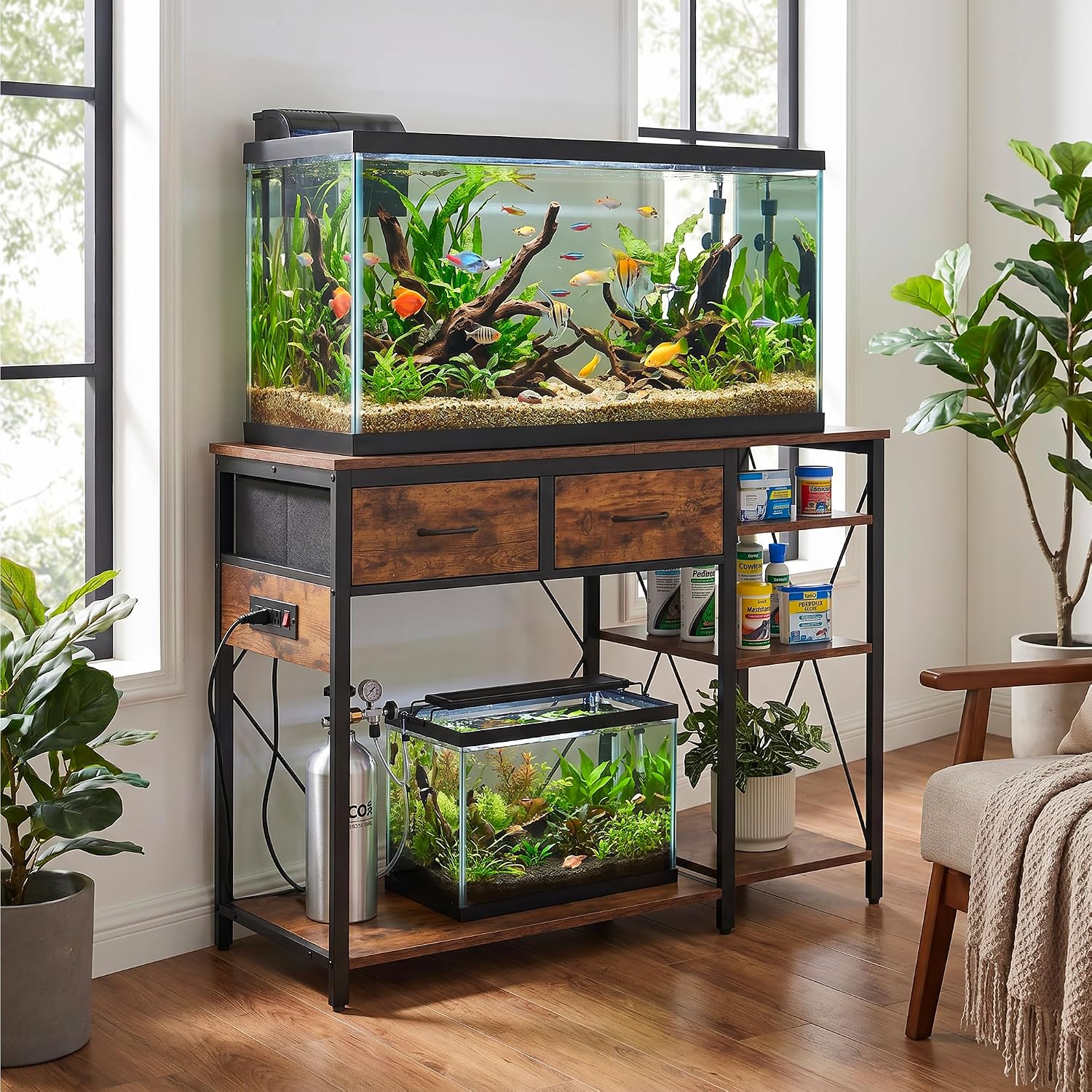 Garvee Fish Tank Stand for 55–75 Gallon Aquariums with Power Outlet - 3-Tier Storage Shelves - Fits Turtle & Reptile Terrariums