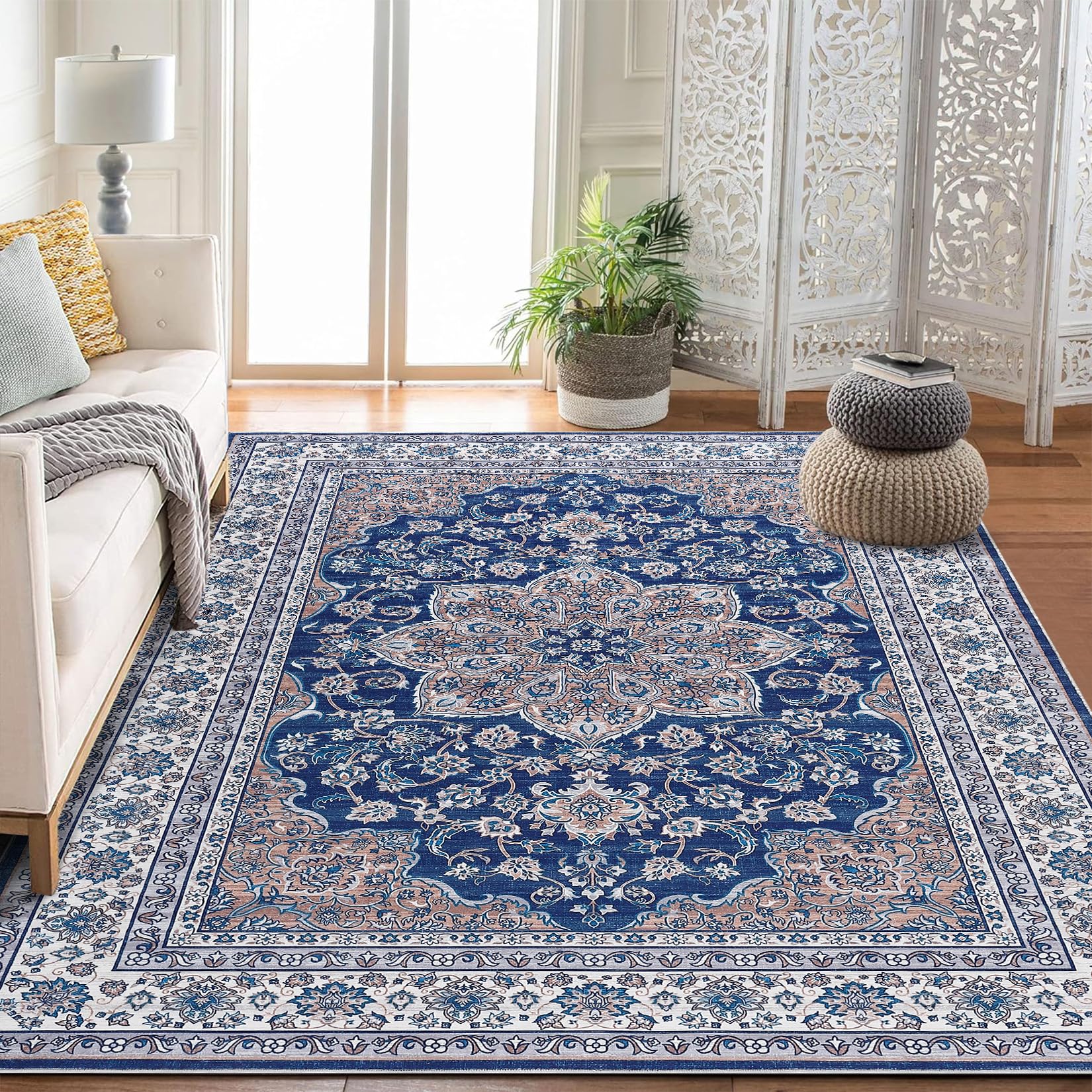 Oriental Blue 10x13 Washable Area Rug | Non-Slip & Durable | GARVEE