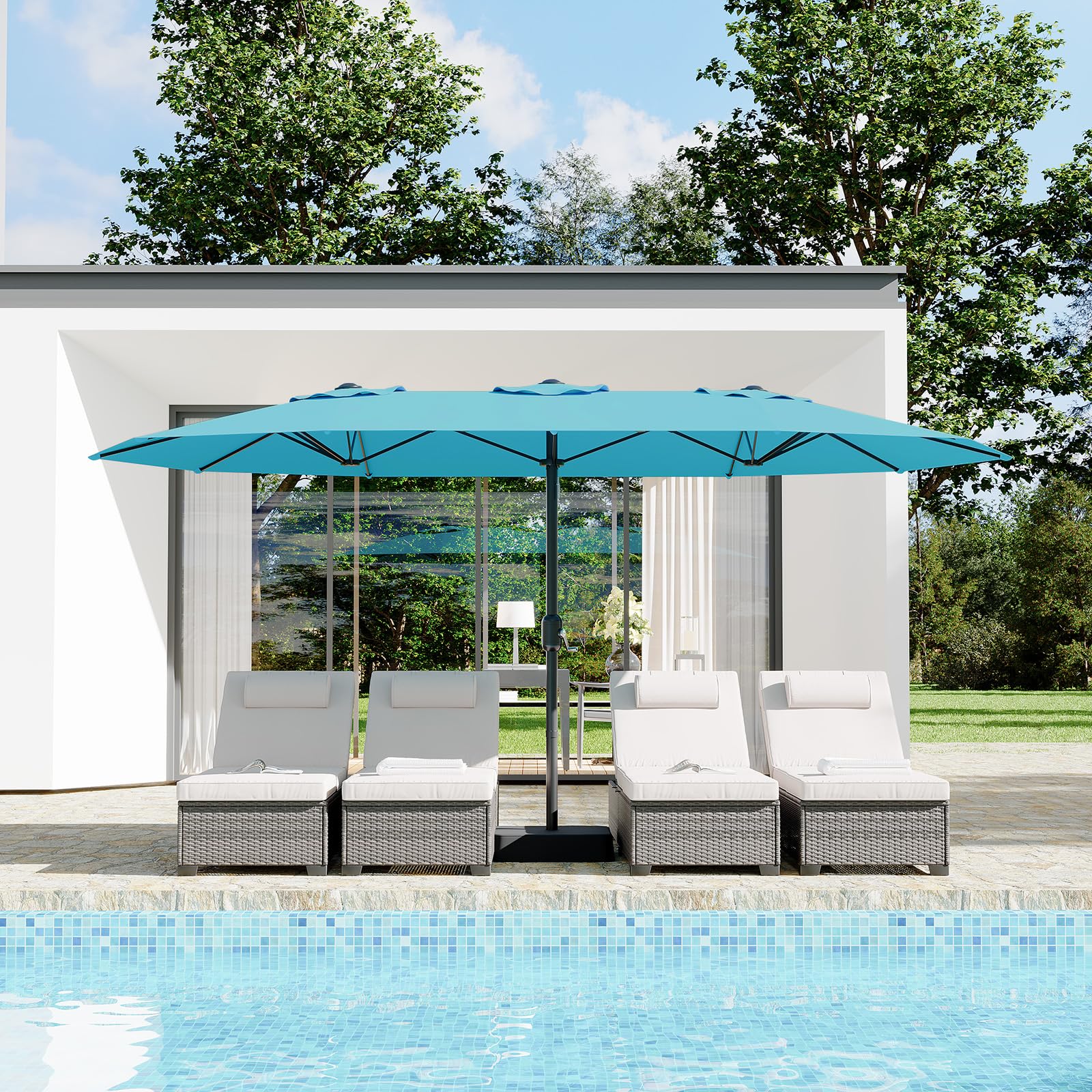 large outdoor patio umbrella Kozyard Butterfly 15' Double-Sided Aluminum Crank Base Kozyard LLC it comes with 36 LED lights (3 on each rib) powered by 3 solar panels Garvee 15' Large Patio Umbrella