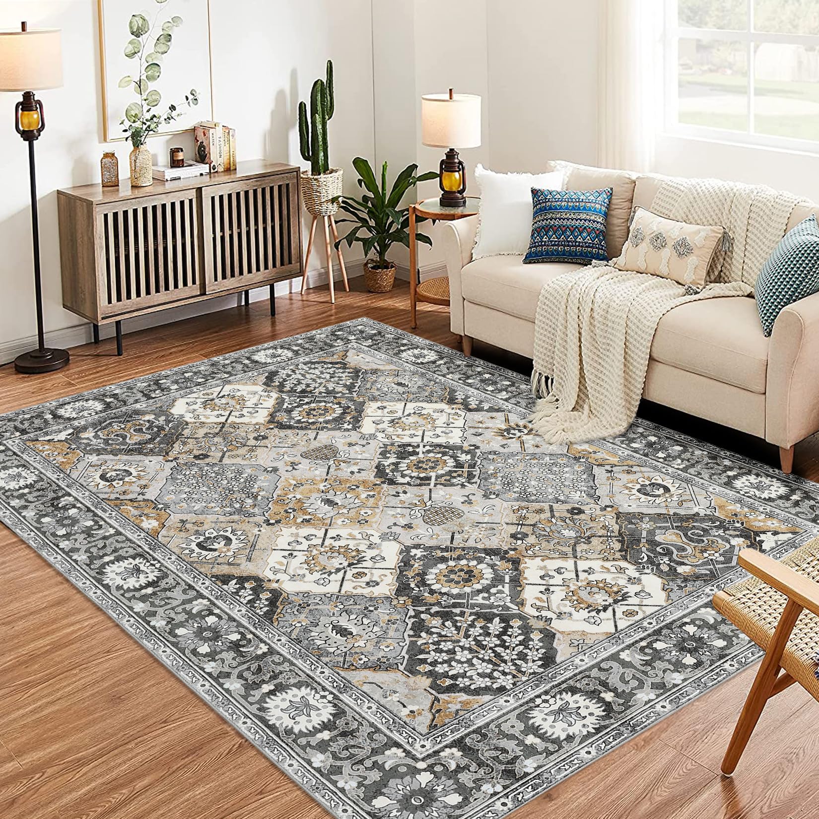 moroccan trellis wood Garvee Moroccan Trellis Area Rug 9x12 Washable Vintage Floral Print Rugs, Boho Non Slip Indoor Carpet for Entryway Living Room Kitchen Bedroom Laundry