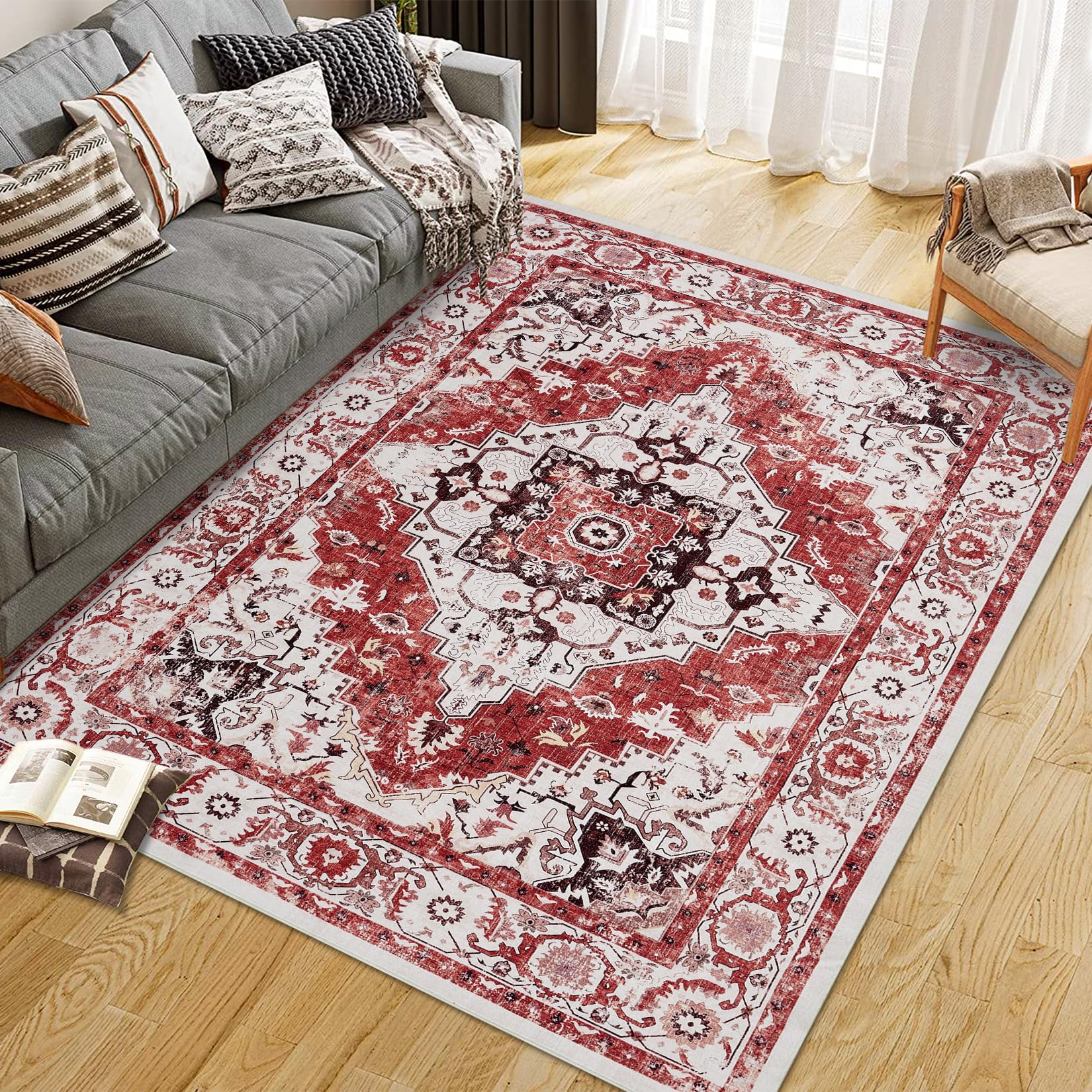 Garvee Persian Red 8x10 Washable Vintage Area Rug – Traditional Woven