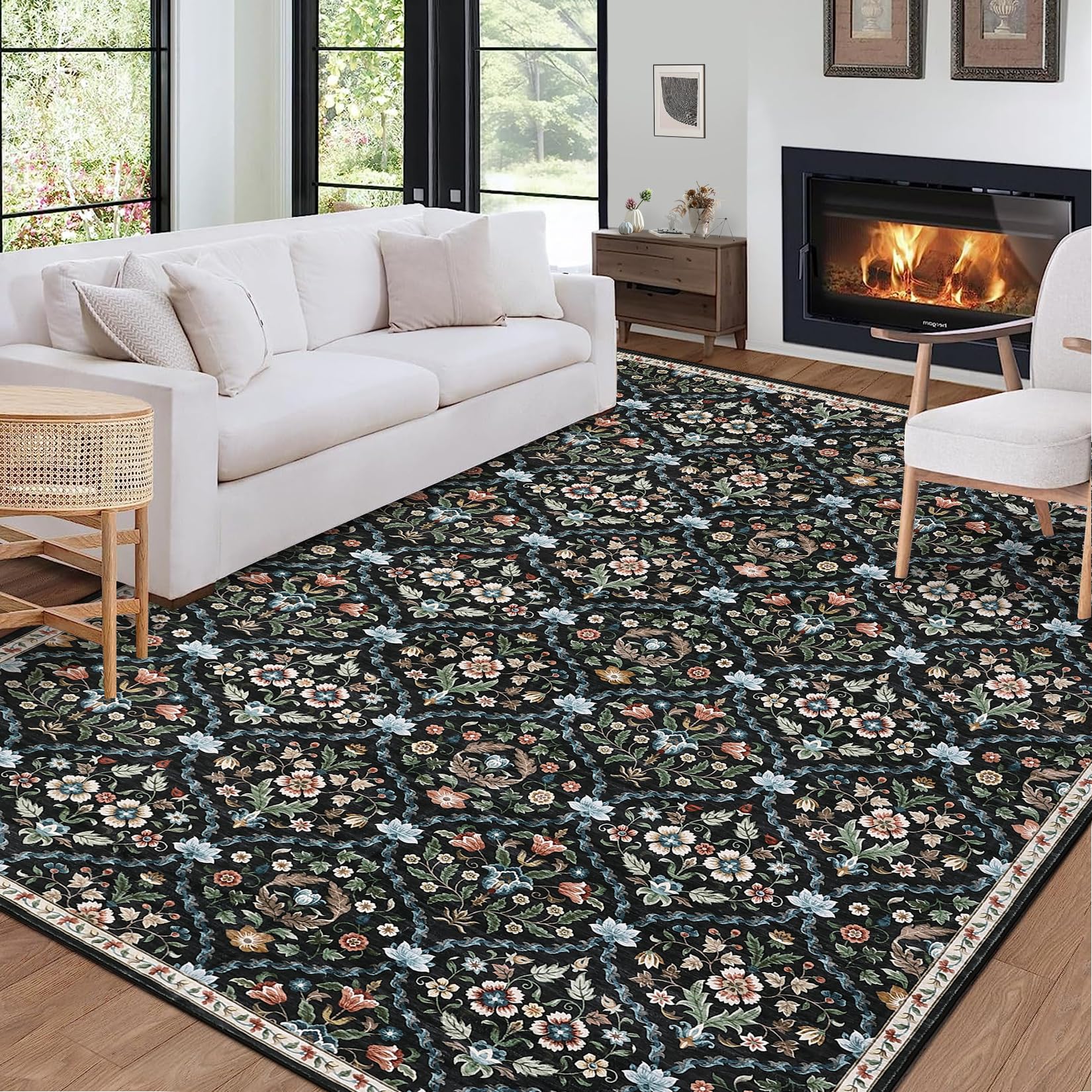 moroccan trellis wood GARVEE Machine Washable Moroccan Trellis Area Rug, Stain Resistant, Non-Slip, Polyester, Vintage Floral, Low Pile, Black, 4'x6', Dining Room Bedroom