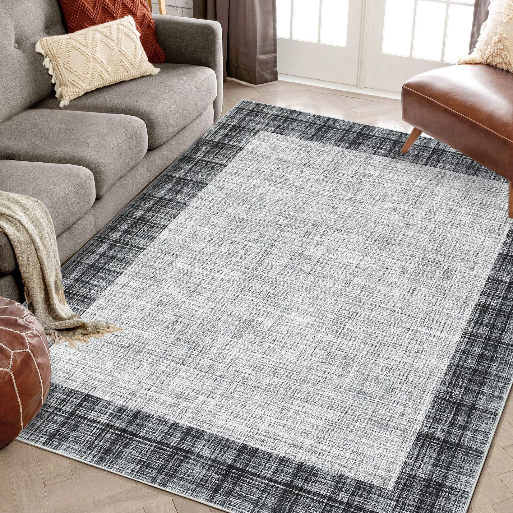 GARVEE Washable Plaid Area Rug 5x7 - Non Slip, Low Pile, Soft