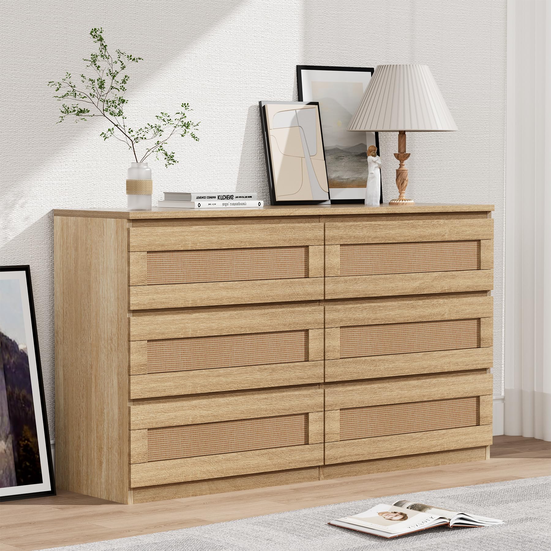 Garvee Rattan Dresser, 6 Drawer, Modern Wide Chest, Anti-Tip Kit, Smooth Slide Rail, MDF Wood, Bedroom, Hallway, Living Room