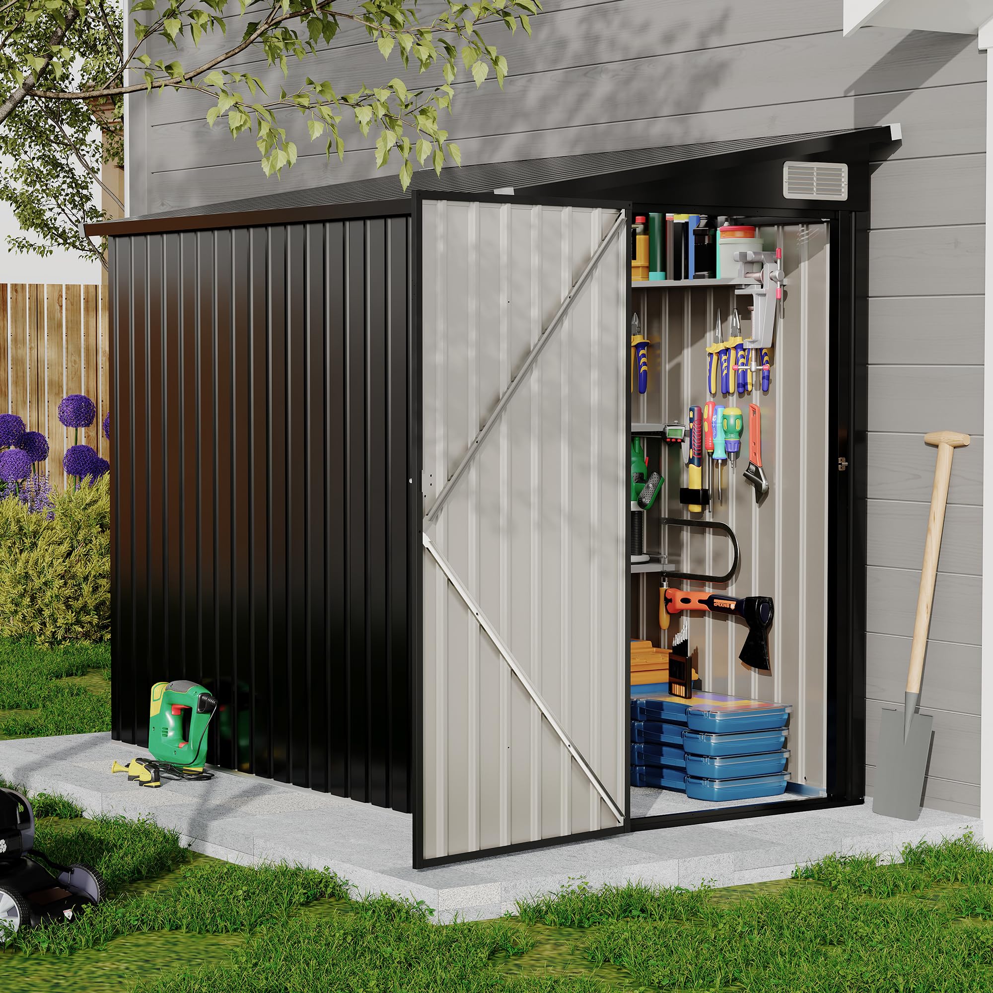 Garvee 4x8ft Metal Outdoor Lean-To Storage Shed, Heavy-Duty Garden Uti