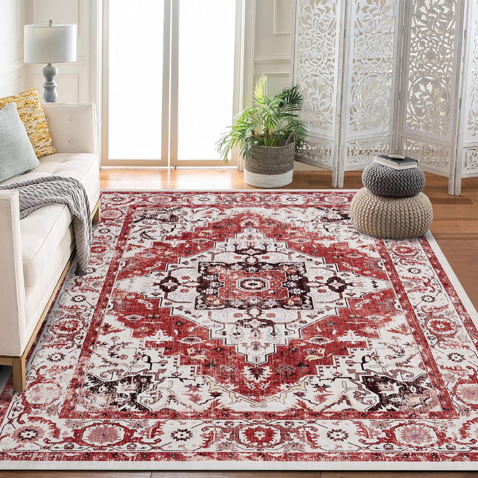Persian Red 9x12 Washable Vintage Area Rug | Non-Slip & Stain