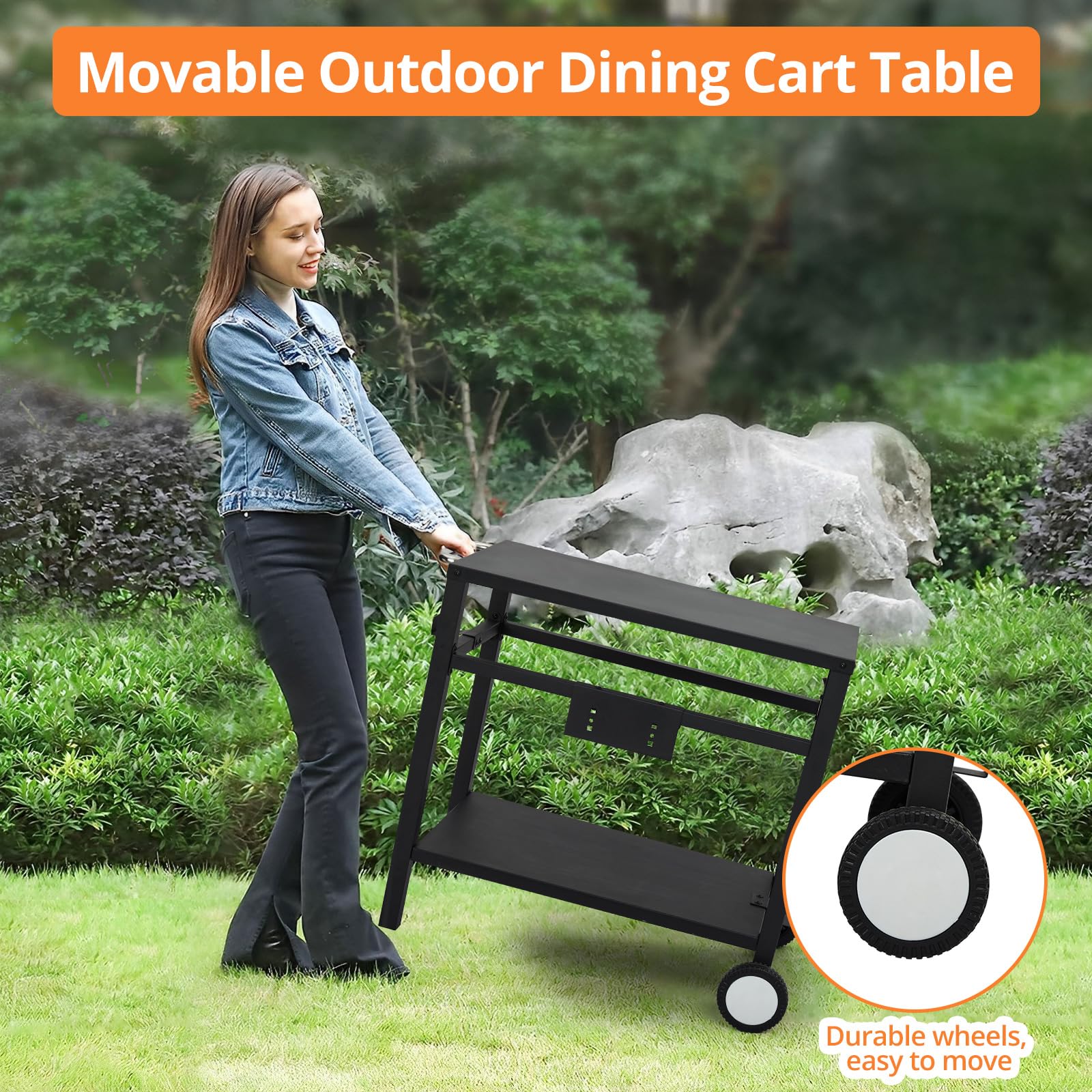 Outdoor Grill Cart with Wheels & Hooks for Pizza Oven