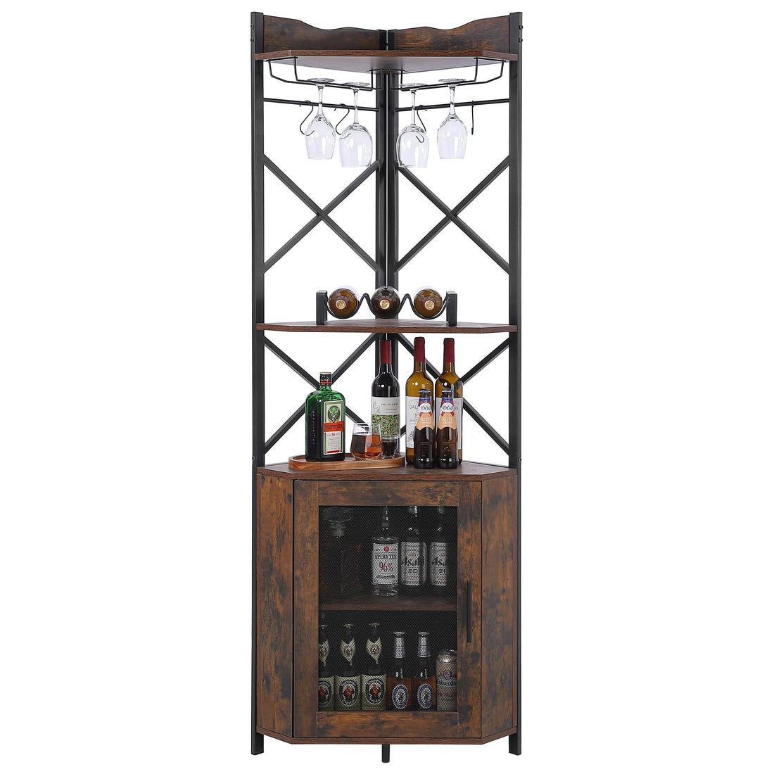 5 Tier Corner Bar Cabinet with Glass & Wine Holder, Brown