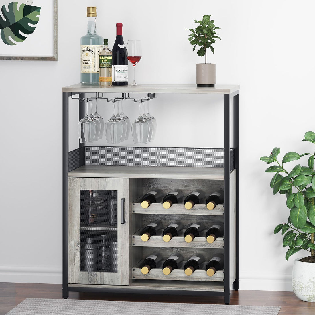Large Storage Wine Cabinet with Detachable Rack & Mesh Door, Grey