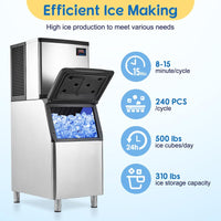 500LBS/24H Stainless Ice Machine, 300LBS Storage for Business