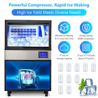 110Lbs/24H  Ice Maker, 27Lbs Bin, Scoop, Self-Clean, LCD, Drain Pump for Bars