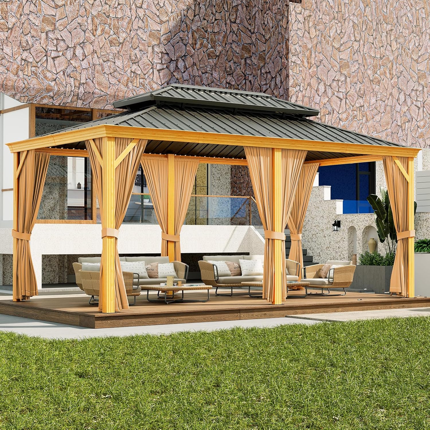decorating a gazebo with fish nets Garvee 12'x20' Outdoor Hardtop Gazebo with Netting and Sunshade Curtains for Patio Terrace Lawn Deck Aluminium Grey
