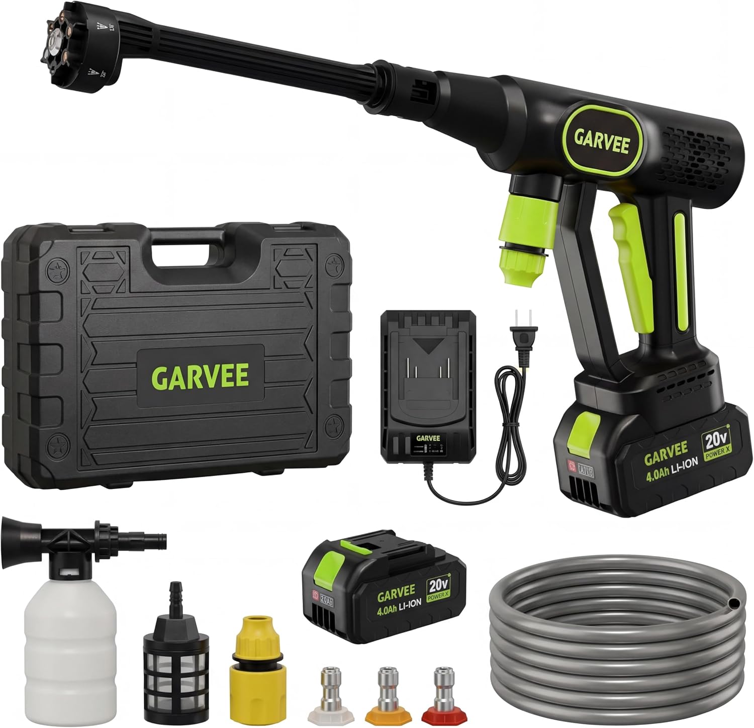 car washer portable high power Garvee 20V Cordless Pressure Washer, 320 PSI Portable Power Cleaner with 6-in-1 Nozzle, Foam Cannon & 26ft Hose, 4.0Ah Battery for Car, Patio & Home,