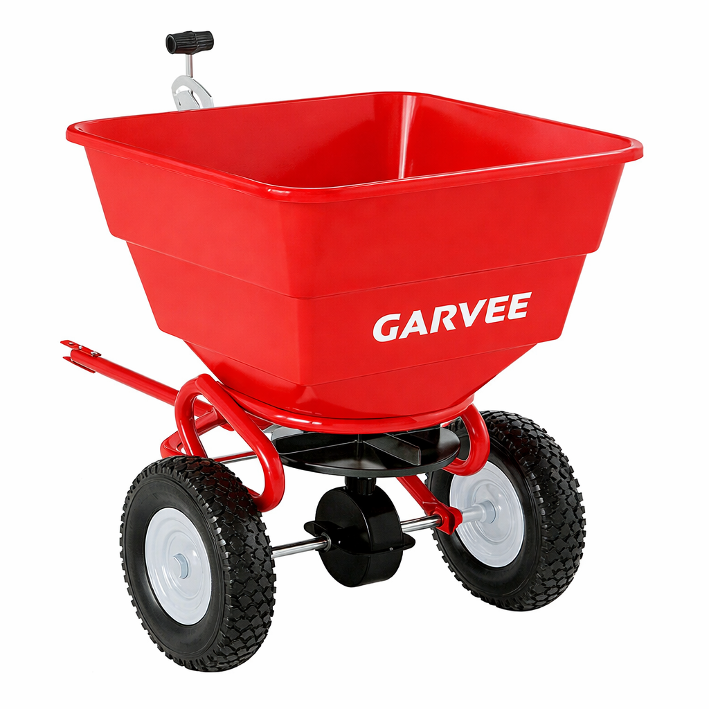 garden seed spreader Garvee 130 lbs Tow Behind Broadcast Spreader, Adjustable Flow Control & Up  to 10 ft Spread Width, 10" Pneumatic Tires, Rust-Resistant Poly Hopper,