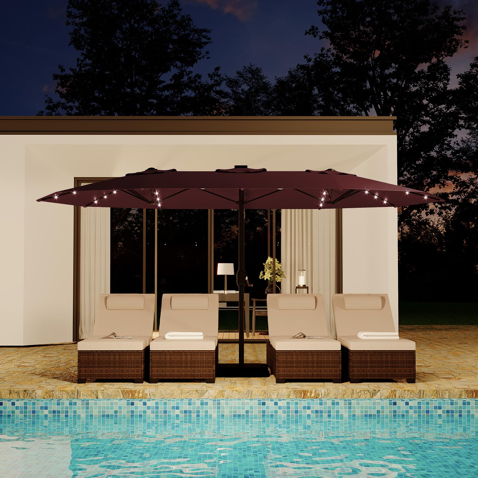 Garvee 15' Solar-Powered Patio Umbrella with 36 LED Lights, Double-Sided Design & Cross Base for Poolside, Deck, Backyard, Wine Red Garvee 15' Solar-Powered Patio Umbrella with 36 LED Lights, Double-Sided Design & Cross Base for Poolside, Deck, Backyard, Wine Red