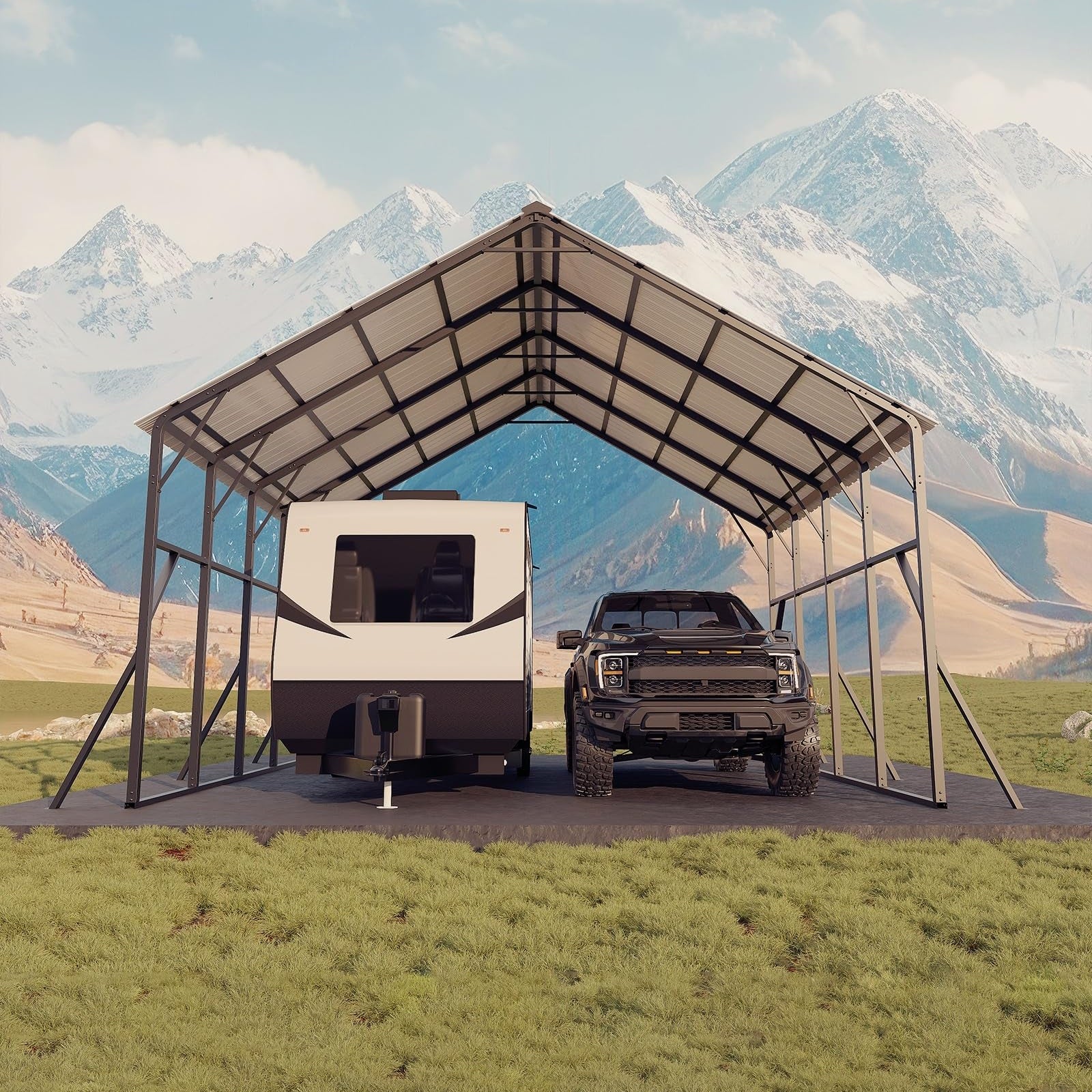 tent carport garage Garvee Heavy-Duty 20x20 ft Metal Carport Garage with 120° Steep Vertical Roof, Galvanized Steel Frame, 2-Car Shelter, RV & Tractor Storage, Silver
