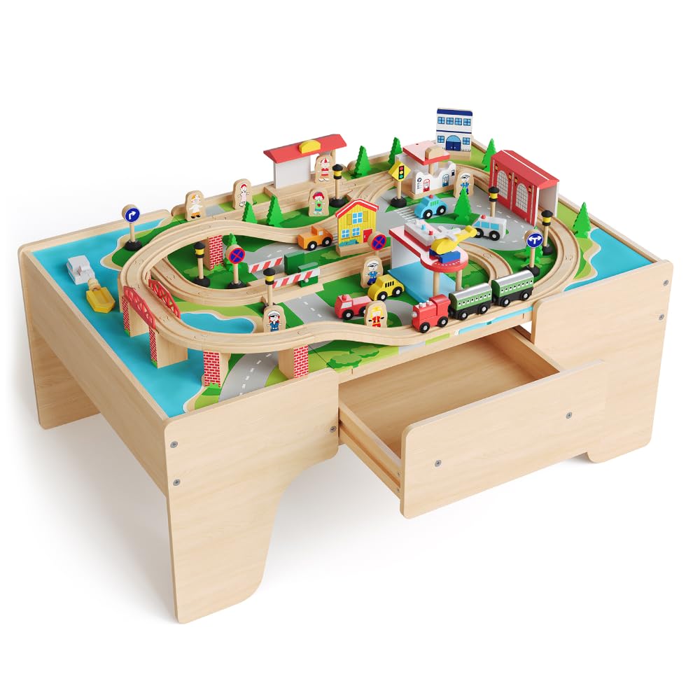Garvee 84 Piece Wooden Kids Train Table Set - Multi-Activity