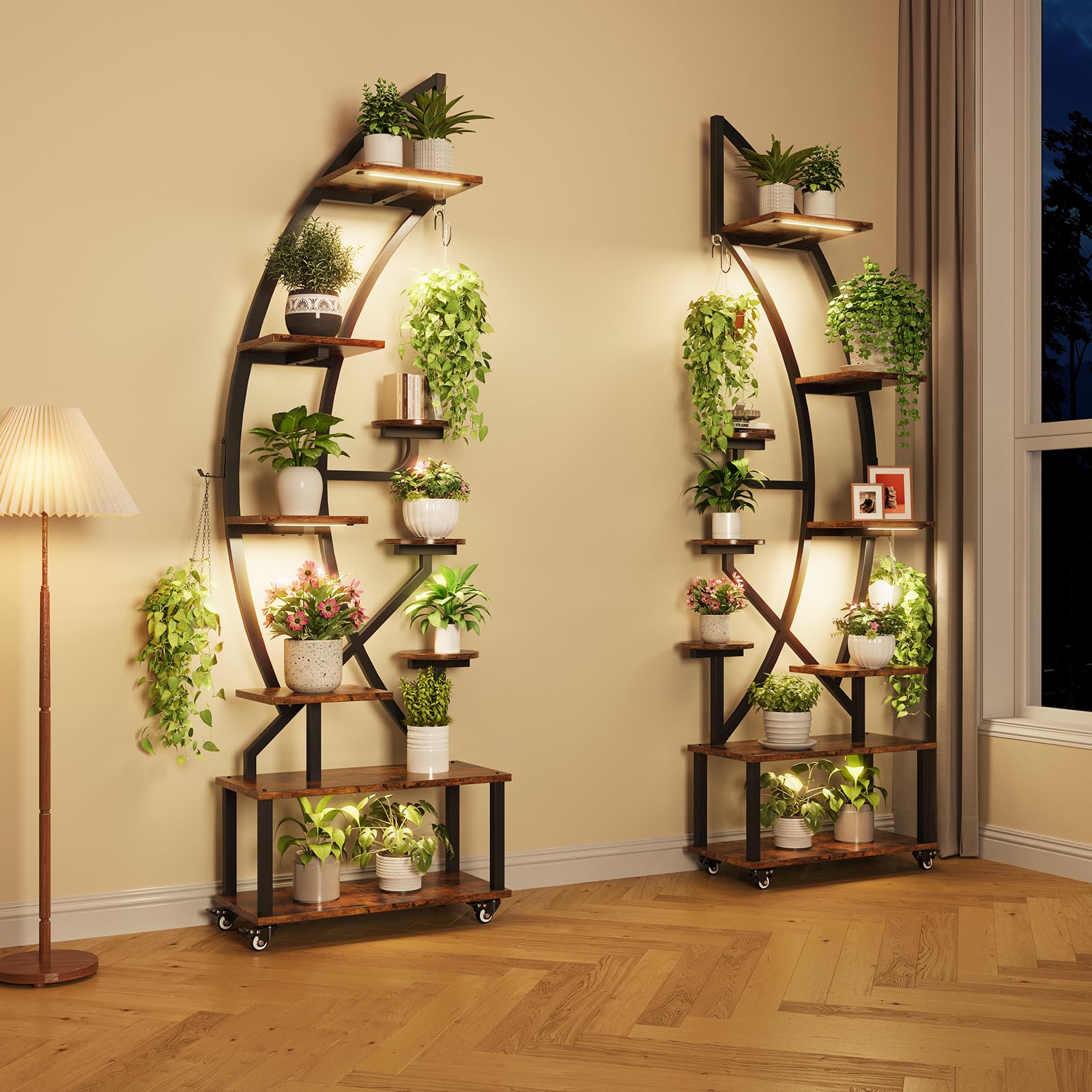6 tier indoor plant stand Garvee Half-Moon Plant Stand with Dual-Head Grow Lights – 6-Tier Metal  Shelf, Wheels, Water-Resistant MDF, Adjustable Brightness, Indoor Decor