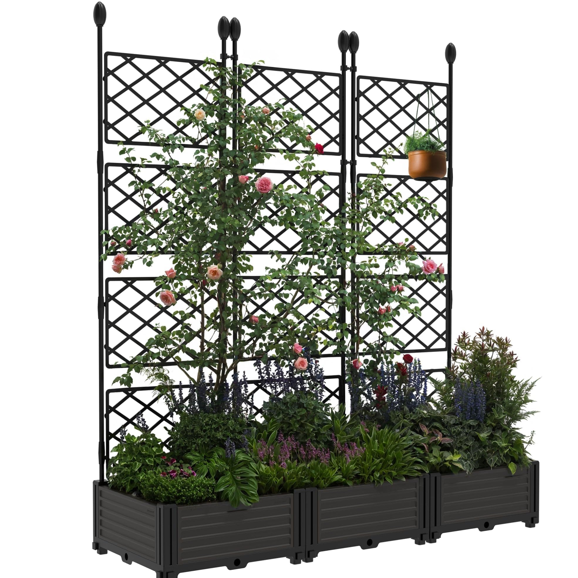 raised planter plastic Garvee 3 PCS Raised Garden Bed with Trellis, 48" x 63" Plastic Planter Box for Climbing Plants, Outdoor Vertical Garden, Privacy Screen, Sturdy & Lightweight