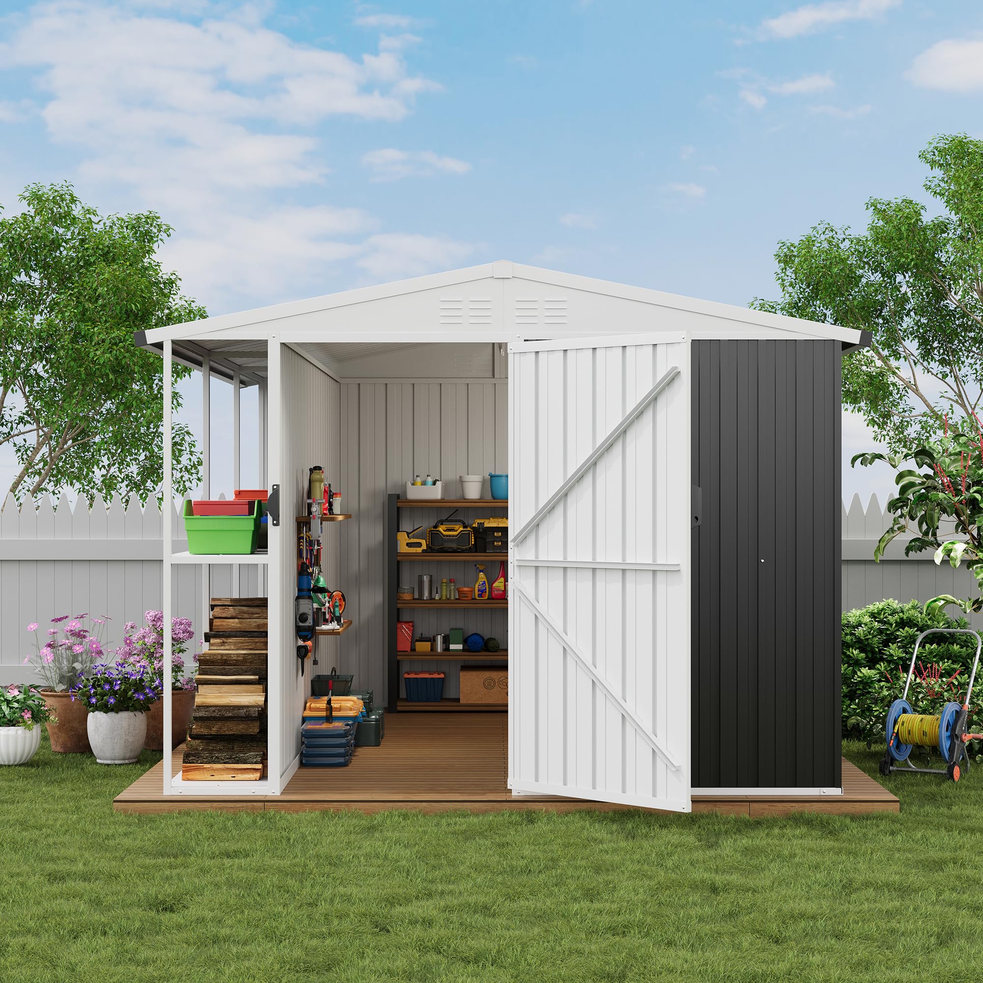 thumbnail image 2 of Outdoor Metal Storage Shed 8x10 Ft Weatherproof Garden Tool Shed Lockable Doors Gray 2 of 12