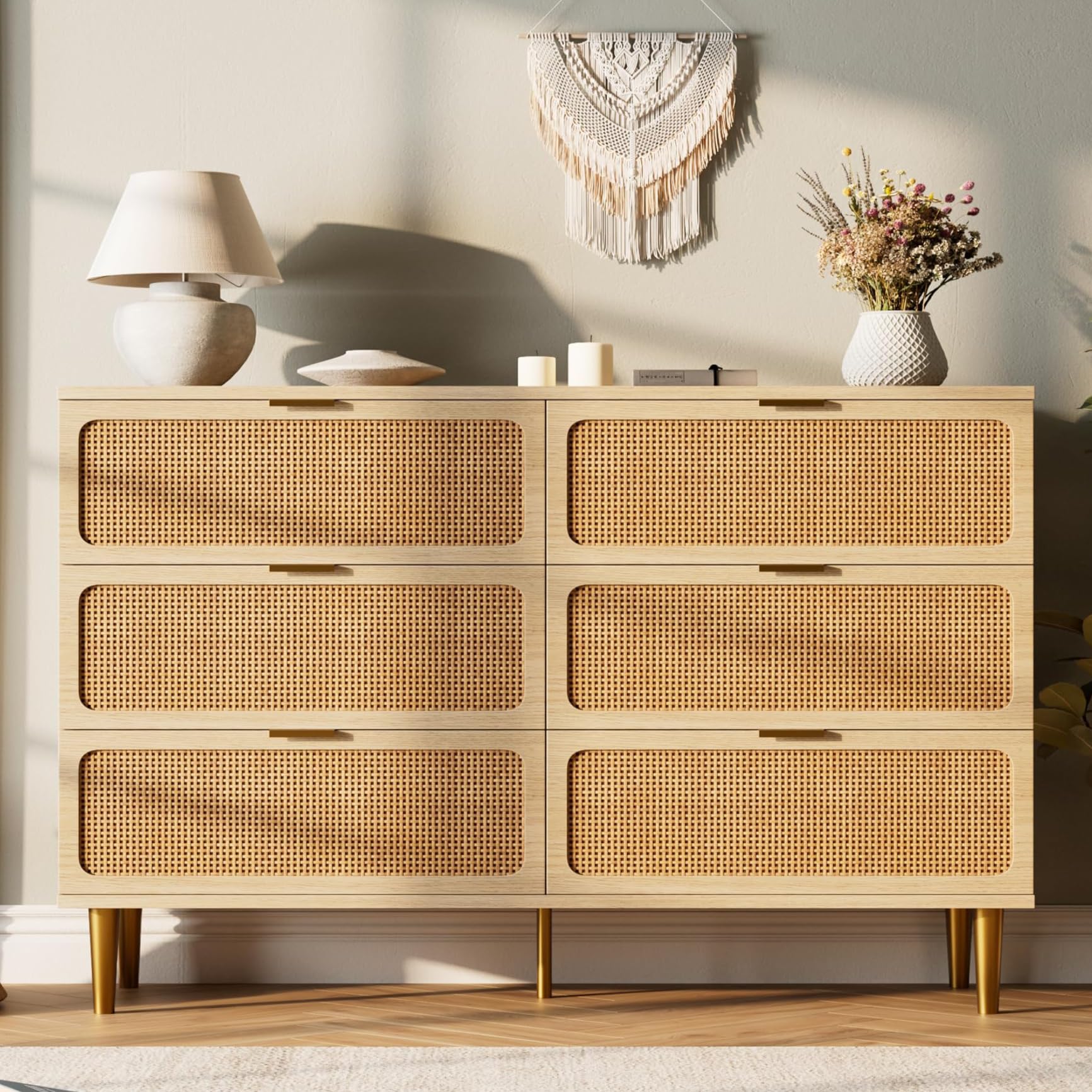 GARVEE Rattan Dresser 6 Deep Drawers Storage - Natural & Stylish