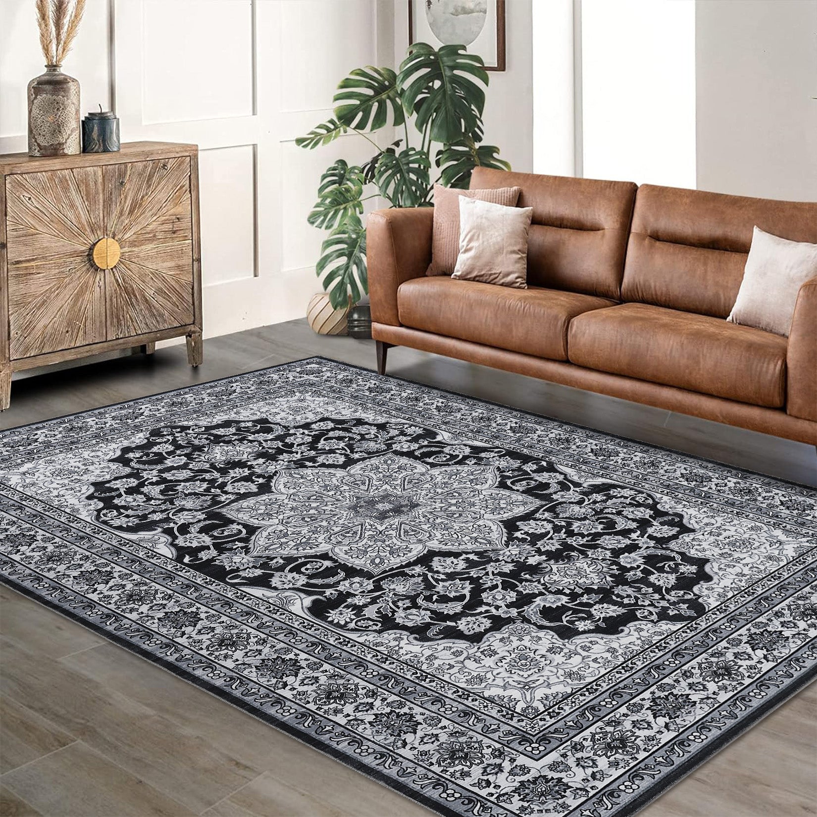 Oriental Black 5x7 Memory Foam Bedroom Rug | Soft & Washable | GARVEE