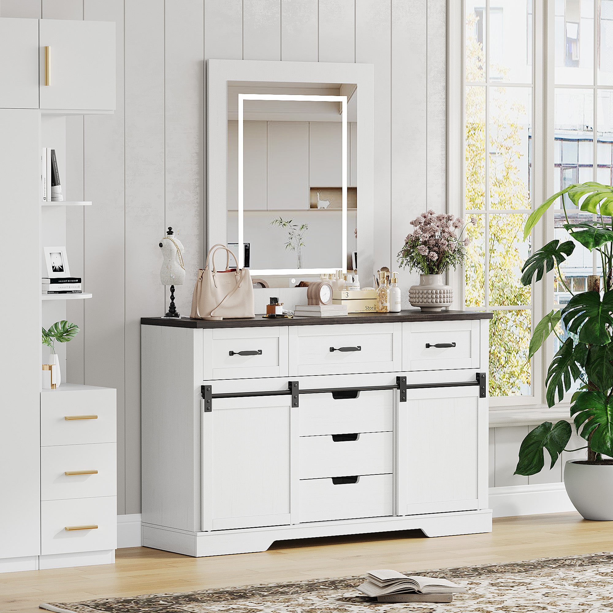 farmhouse modern dresser Garvee 6 Drawer Dresser with Mirror Farmhouse Modern Vanity Light Mirror Sliding Barn Doors for Bedroom Living Room