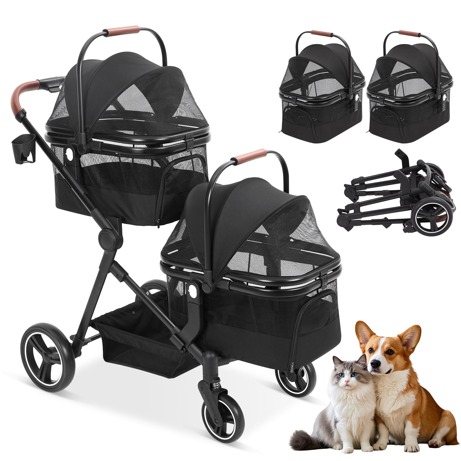 double stroller for pets Garvee Double Pet Stroller with 2 Detachable Carriers, 4 Wheels Dog Stroller for 2 Dogs or Cats, Puppy Stroller with Storage Basket, 360-Degree Front