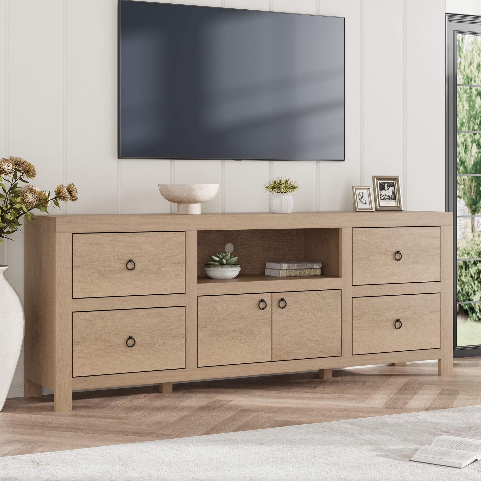 Garvee Farmhouse TV Stand for 80 Inch TVs, Long Entertainment Center w