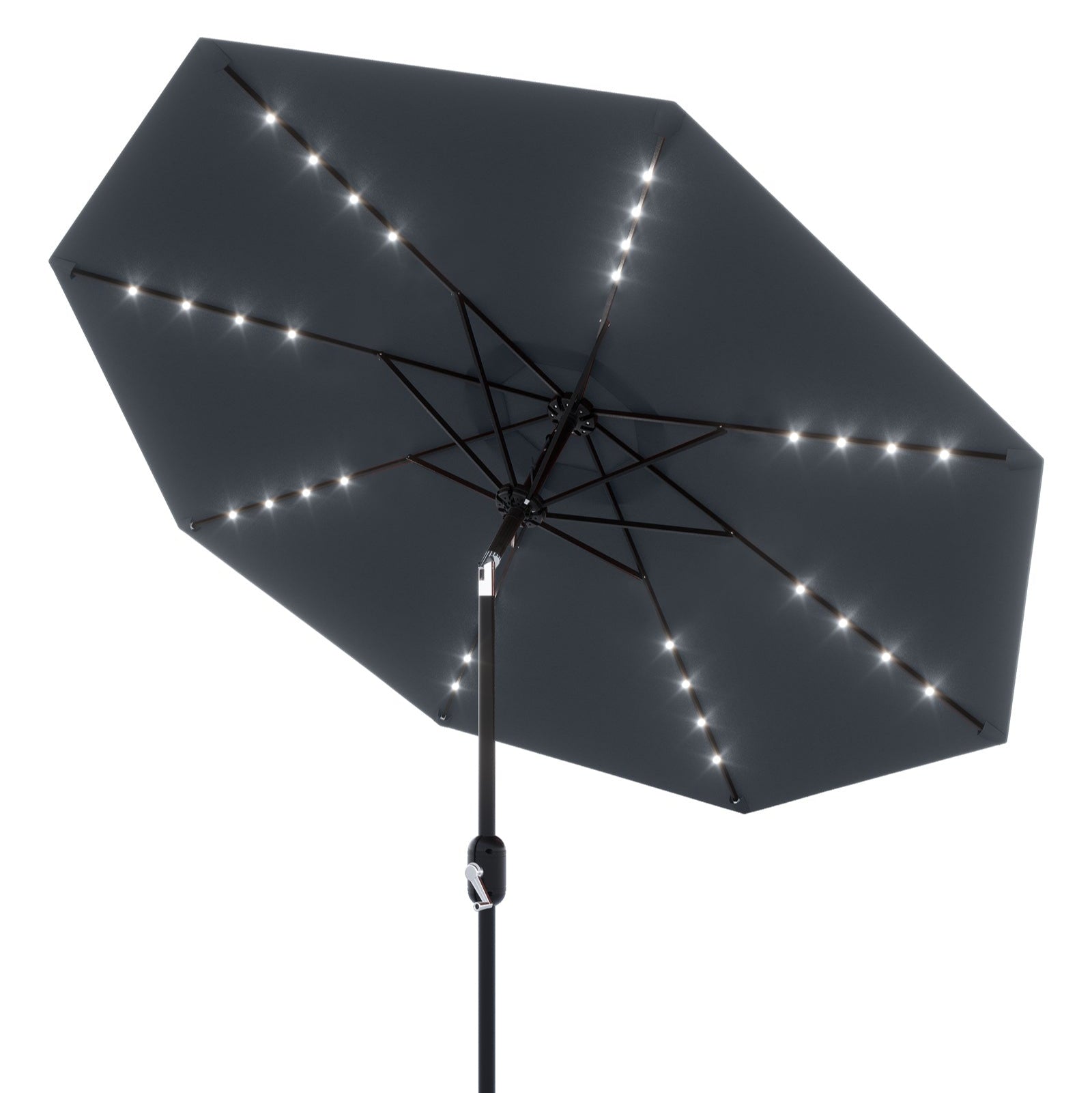 grey patio umbrella with solar lights Garvee 10' Solar Patio Umbrella with 40 LED Lights, Outdoor Market Umbrella with Auto-Tilt Crank & Weather-Resistant Canopy, Grey