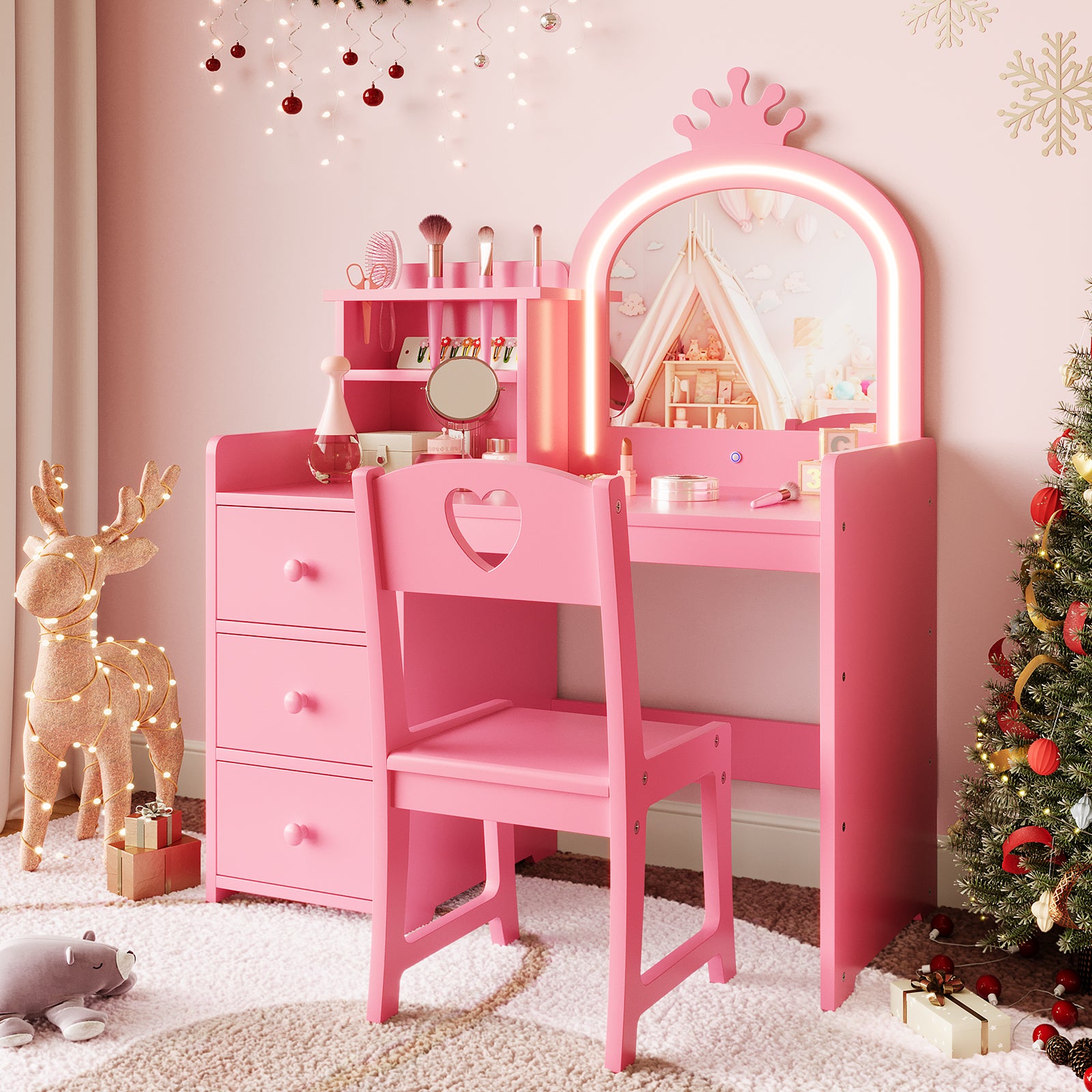 chinese dress ladies Vanity Desk with Flip Top Mirror and Lights White 3 in 1 Night Stand Make  up Vanities Set for Women Dressing Table for Bedroom with Storage Stool main image 1