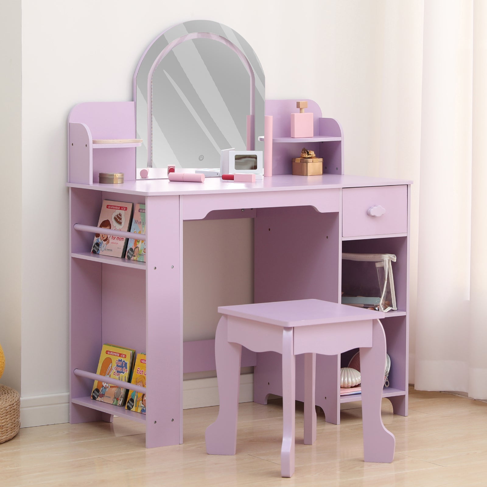 Garvee Lighted Mirror Kids Vanity Desk Set Wooden Princess Makeup Table with Bookshelf Drawer Stool for Girls' Bedroom Purple