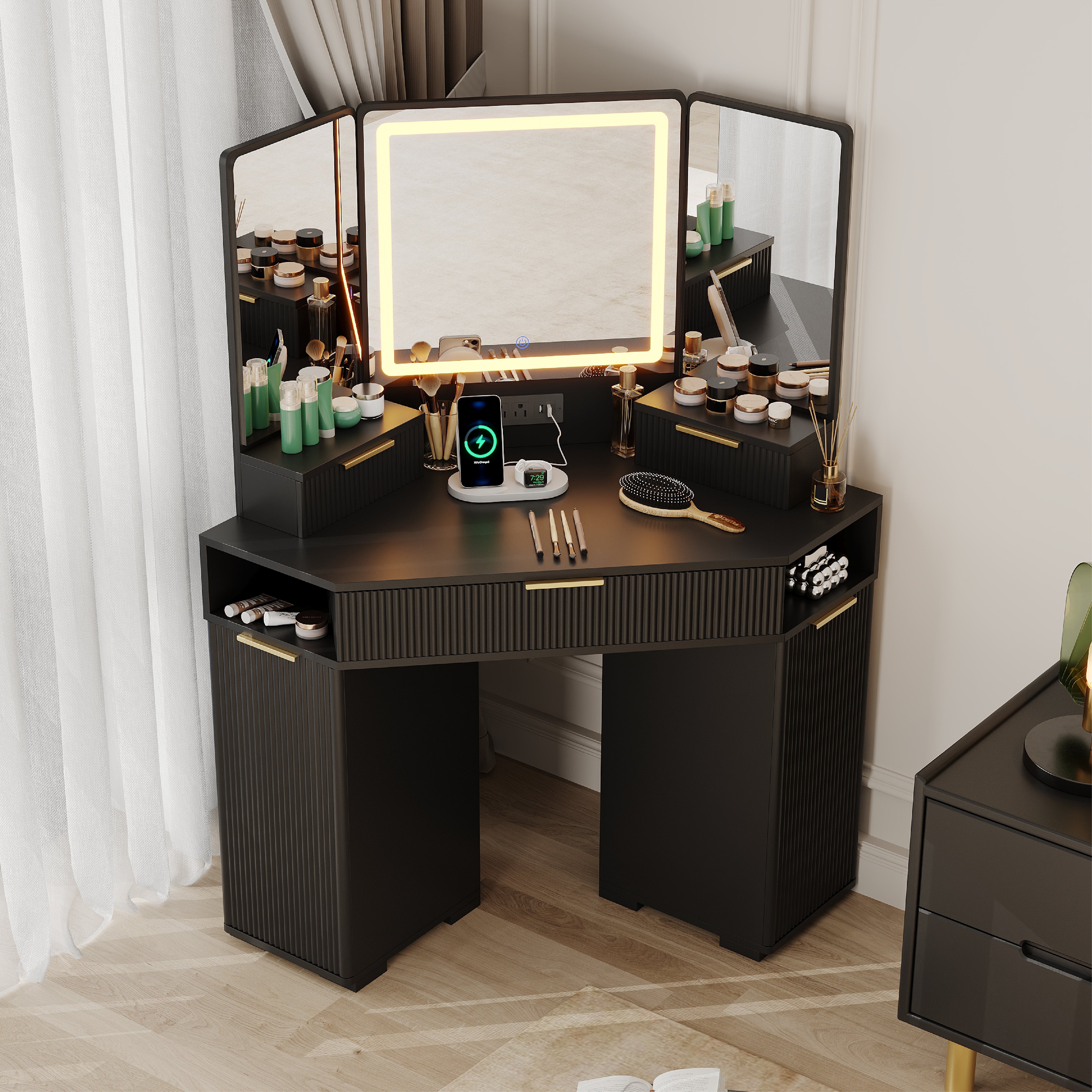 Garvee Corner Vanity Desk with Lighted Mirror, Space-Saving Makeup Table with Charging Station, 3 Drawers for Bedroom or Dorm
