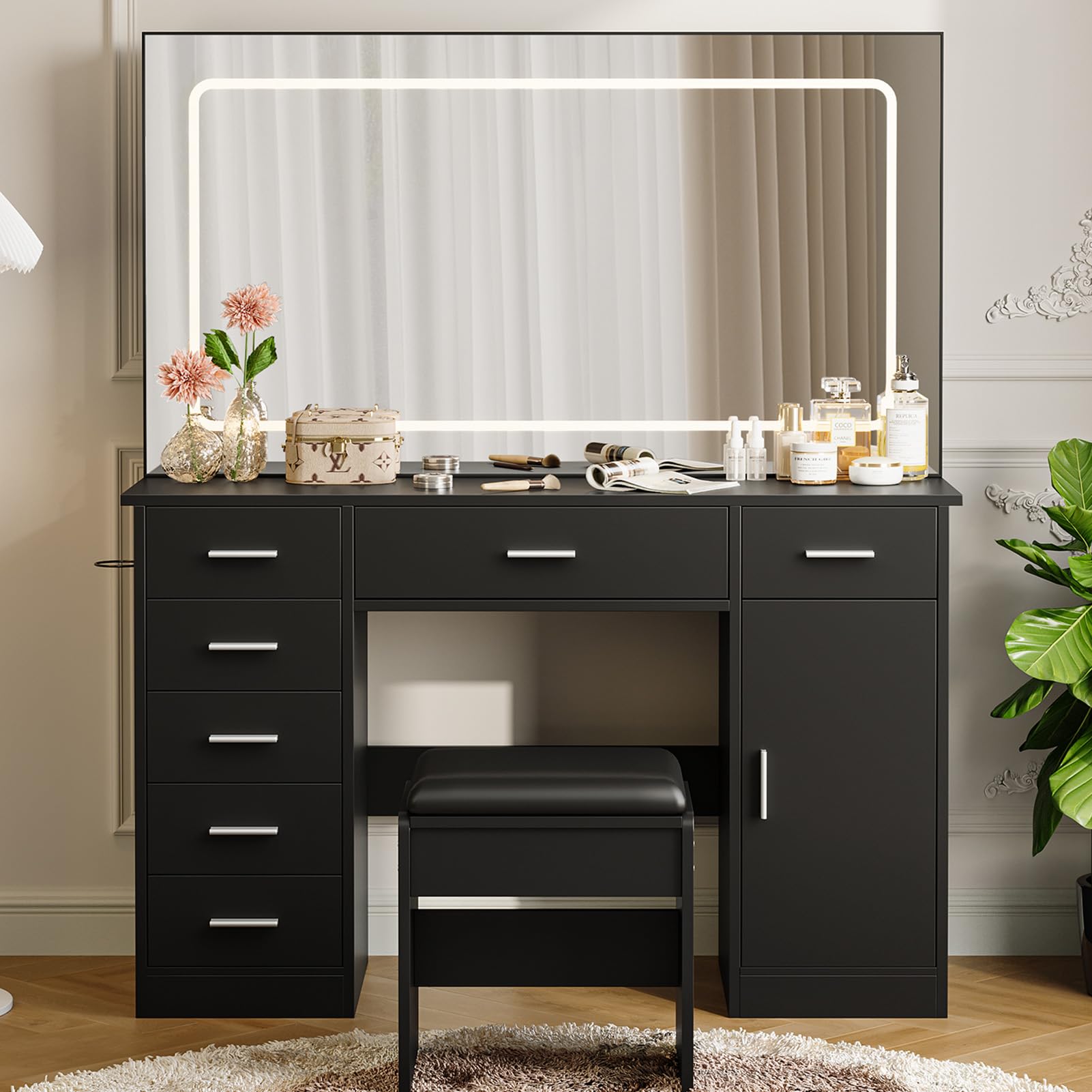 modern black dressing table FUFU&GAGA Black Modern Makeup Vanity Desk 9-Drawers Wood Dressing Table With 3-Mirrors, Hidden Storage Shelves, LED Bulb Lights
