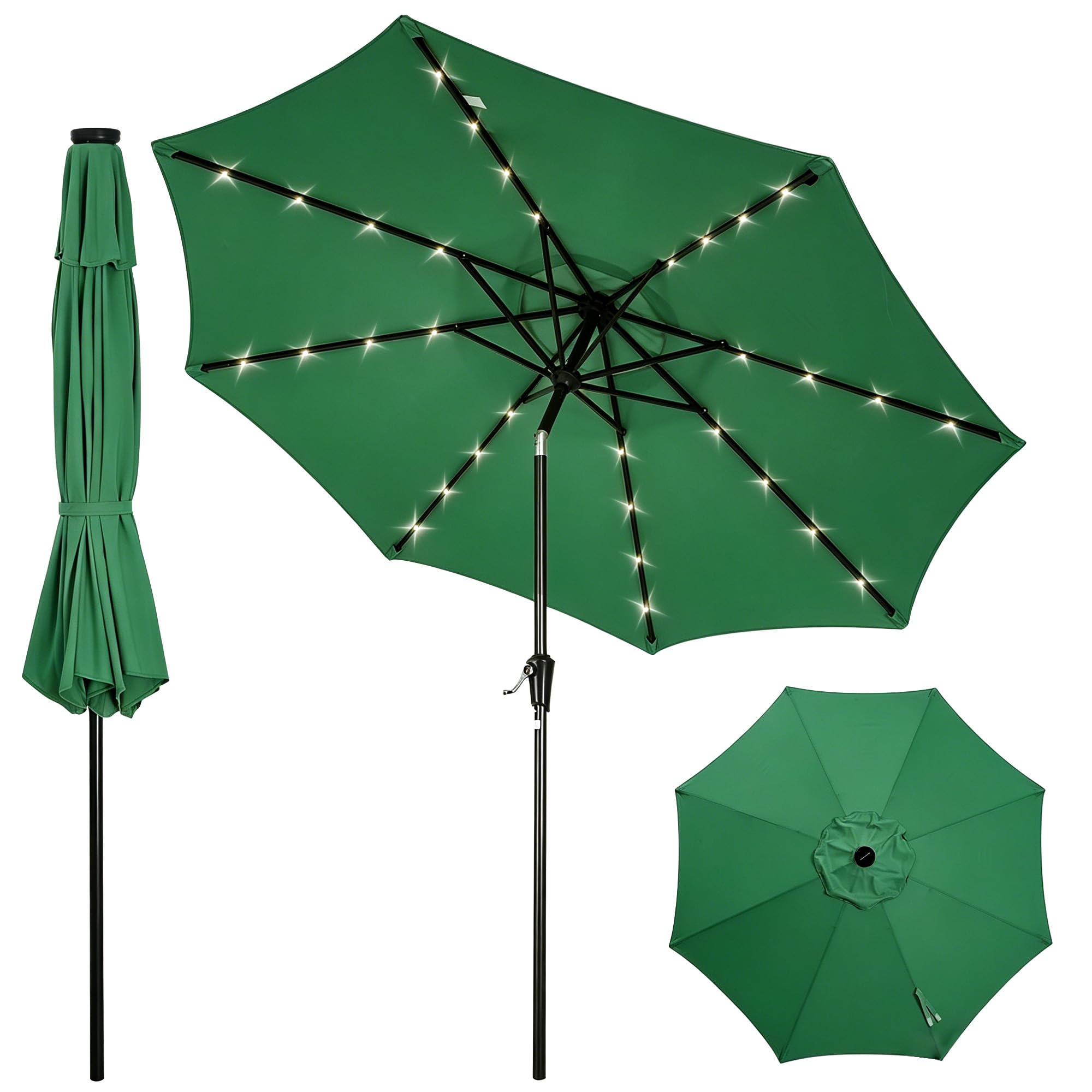 Garvee 10 ft Solar LED Patio Umbrella with 32 Lights, Round Outdoor Market Umbrella with Crank Lift, Push-Button Tilt and 8 Iron Ribs for Table, Deck