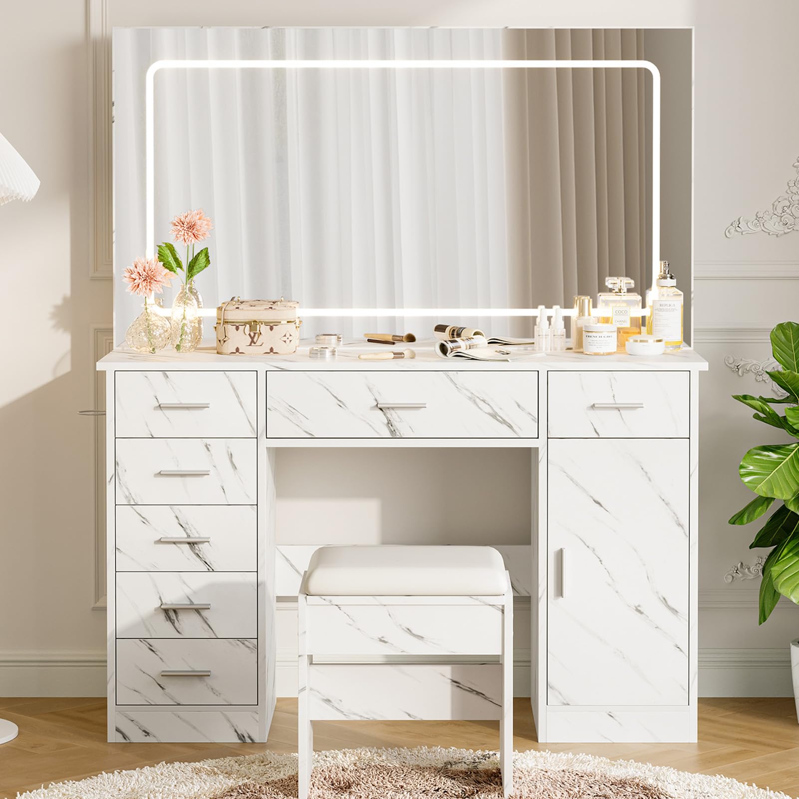 white modern dressing table with drawers Garvee Modern Vanity Desk with 7 Drawers, LED Mirror, Adjustable Lighting,  Power Outlets, Hair Dryer Holder