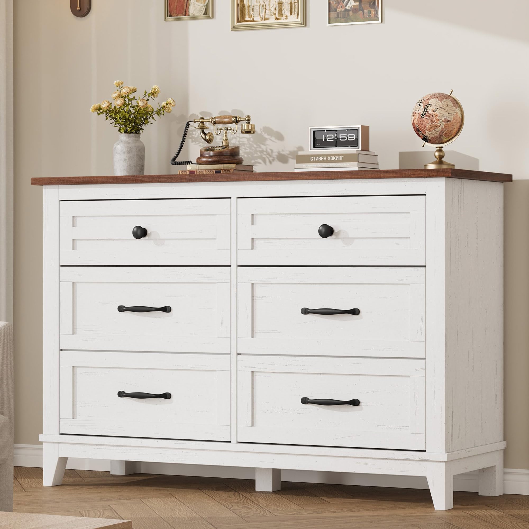 white dresser with brown top 7-Drawer White Modern Dresser, 52" White Wooden Storage Dresser for Bedroom