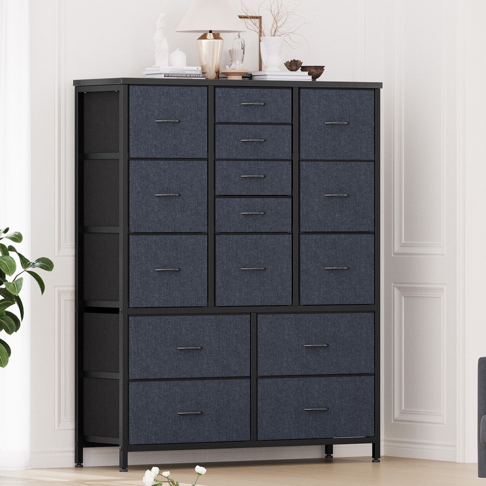 Garvee 15 Drawer Dresser for Bedroom, Tall Storage Organizer with Fabric,  Metal Frame, Wood Top, Side Pockets & Hooks, Easy Assembly (Drak Gray)