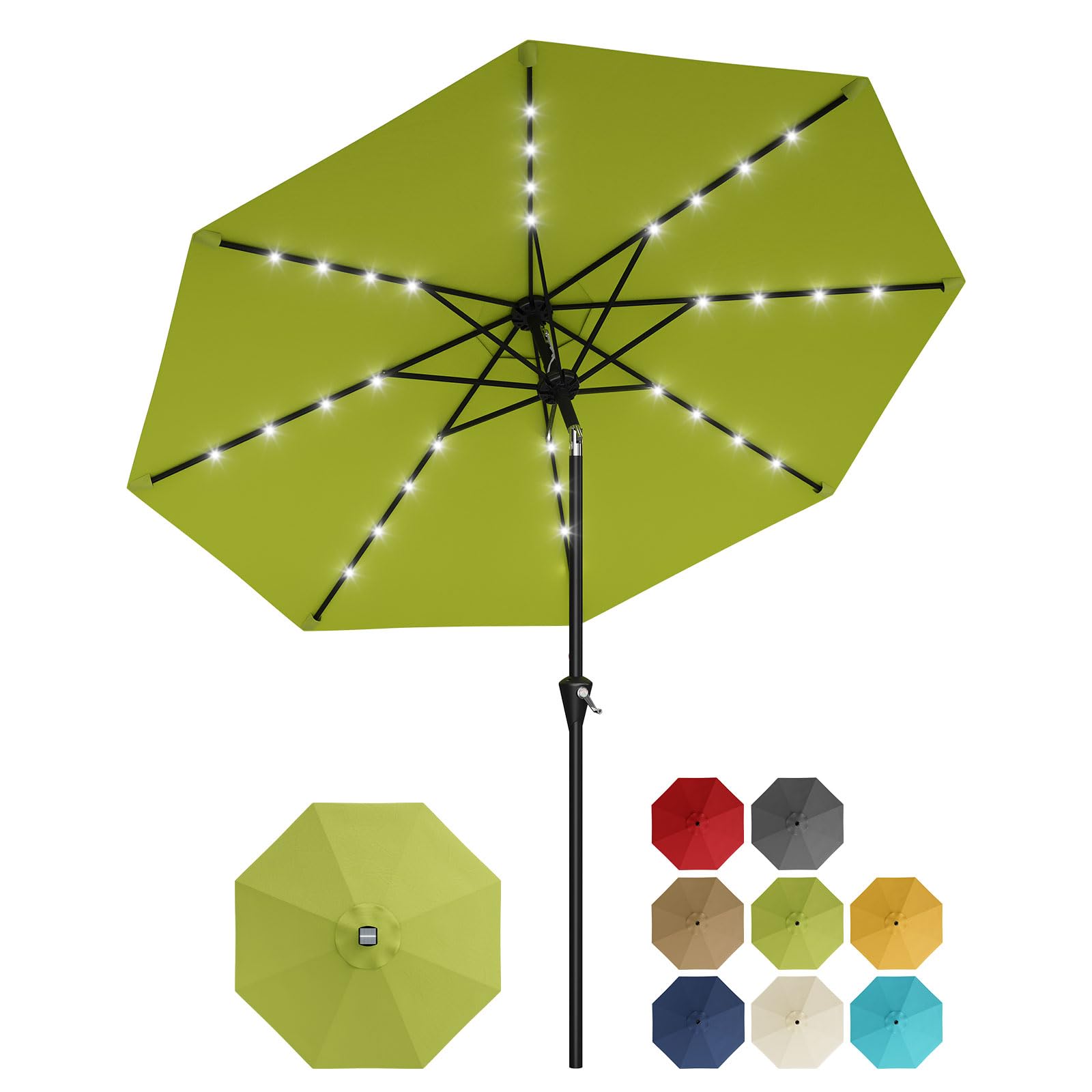 Garvee 10 ft Solar Patio Umbrella with 32 LED Lights, Outdoor Market Umbrella with Crank Lift & Tilt, UV-Resistant Canopy for Pool, Garden & Backyard, 