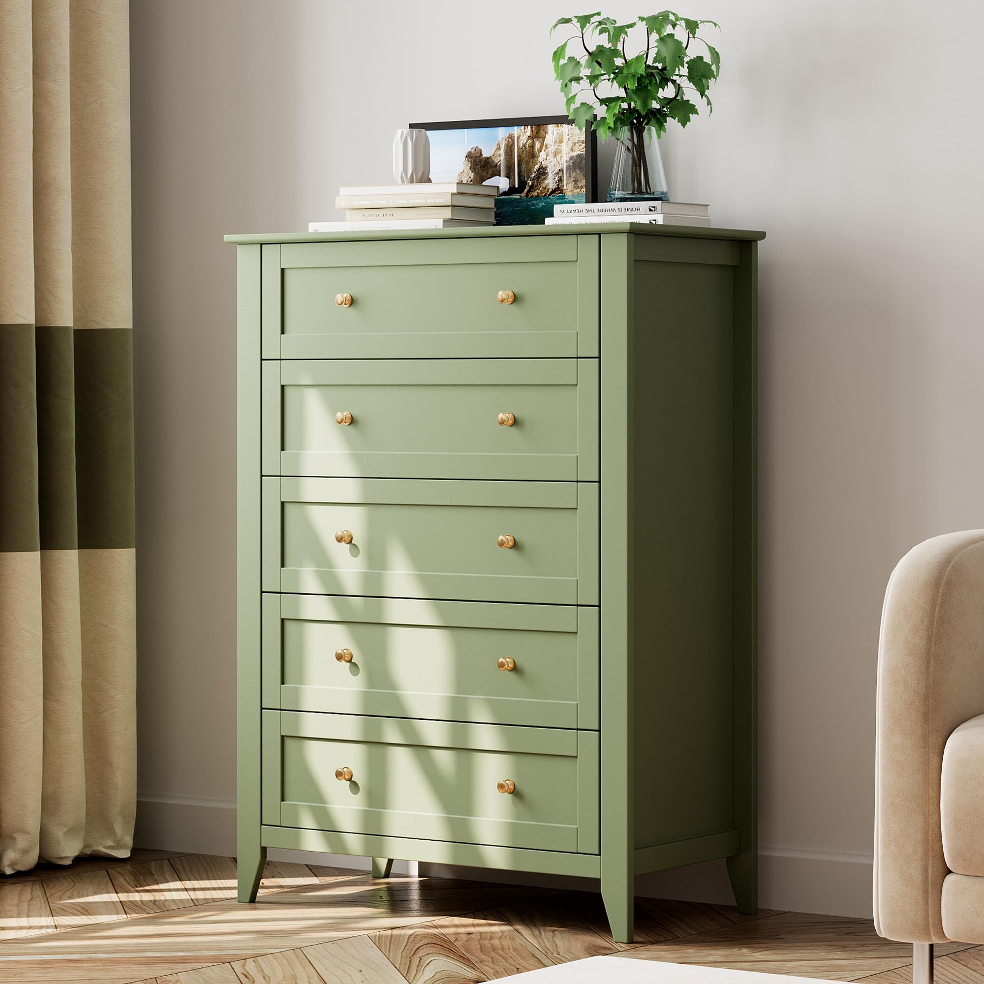 Garvee Sage Green 5 Drawer Dresser Modern Tall Wooden Chest Deep Storage Drawers Metal Knobs Compact Organizer for Bedroom Nursery Living Room Hallway