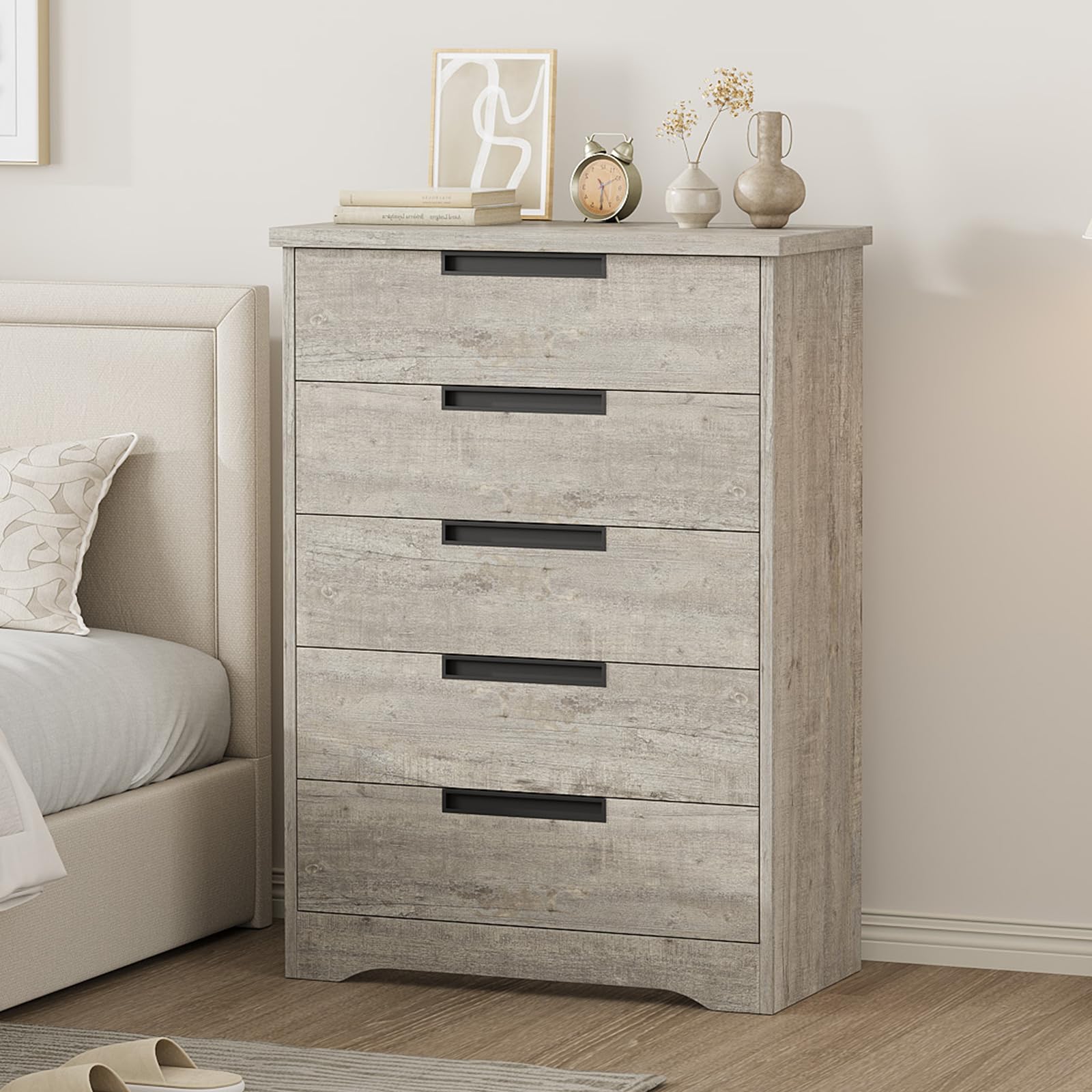 grey nursery dresser Garvee Modern 5 Drawer for Bedroom - Wide Gray Wooden Storage Chest - Built-in Handles nav-576 Plus Size Dresses | or even an entryway COLOR:Berry Multi