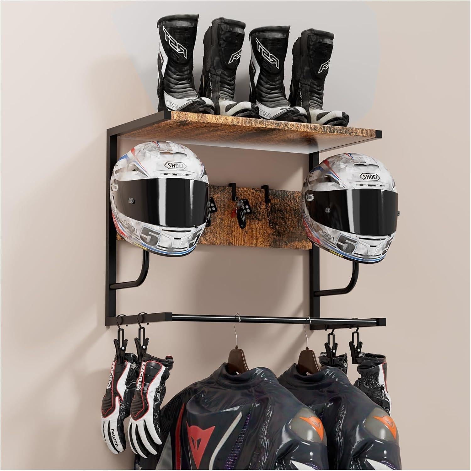 Garvee Wall-Mounted Helmet Rack Organizer for Motorcycle & Cycle – 4 Holders with 4 Integrated Hooks – Sturdy Space-Saving Storage for Garage or