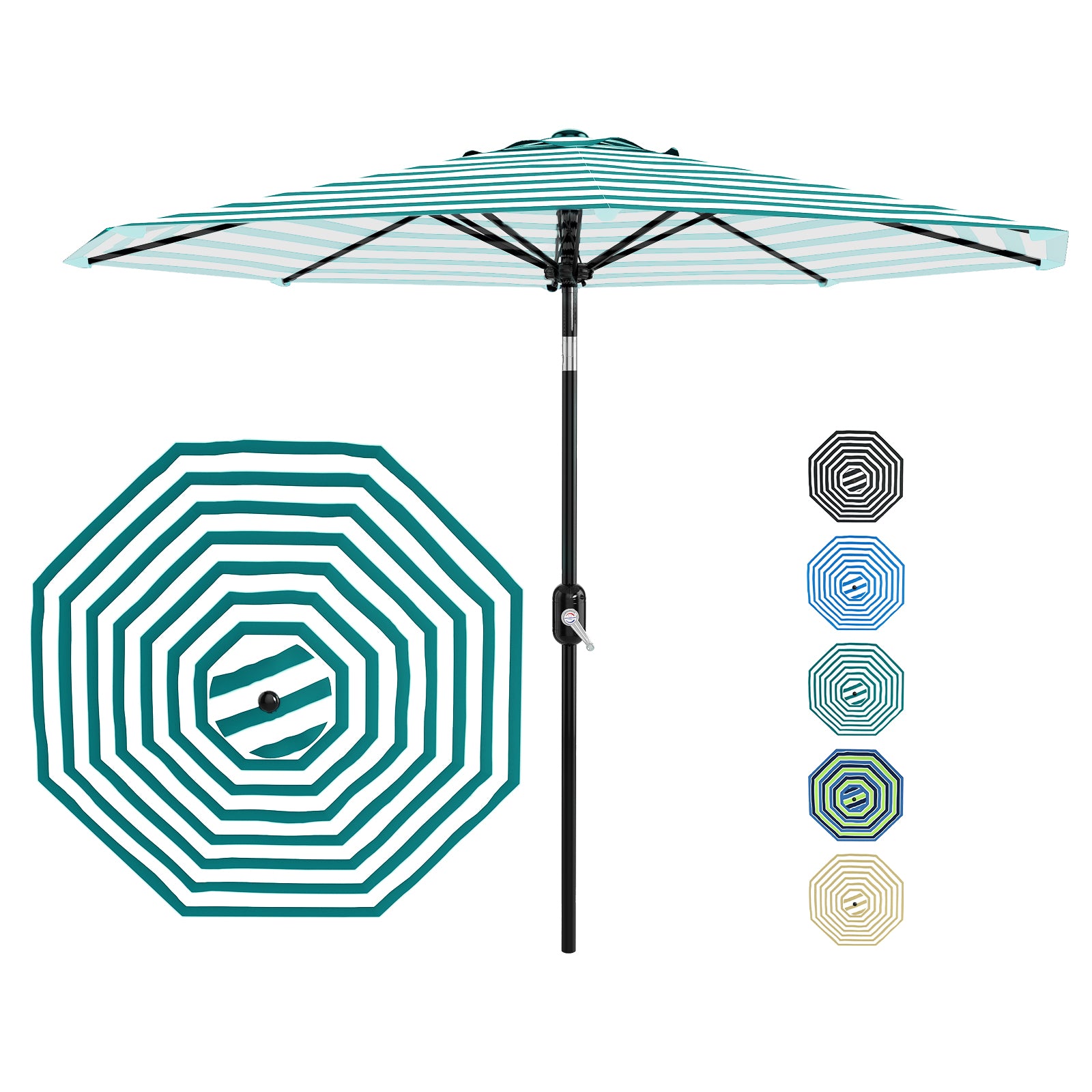 Garvee 10FT Outdoor Patio Umbrella With Crank Lift & Push Button Tilt, Turquoise & White Stripes, UV Protection Waterproof Market Umbrella